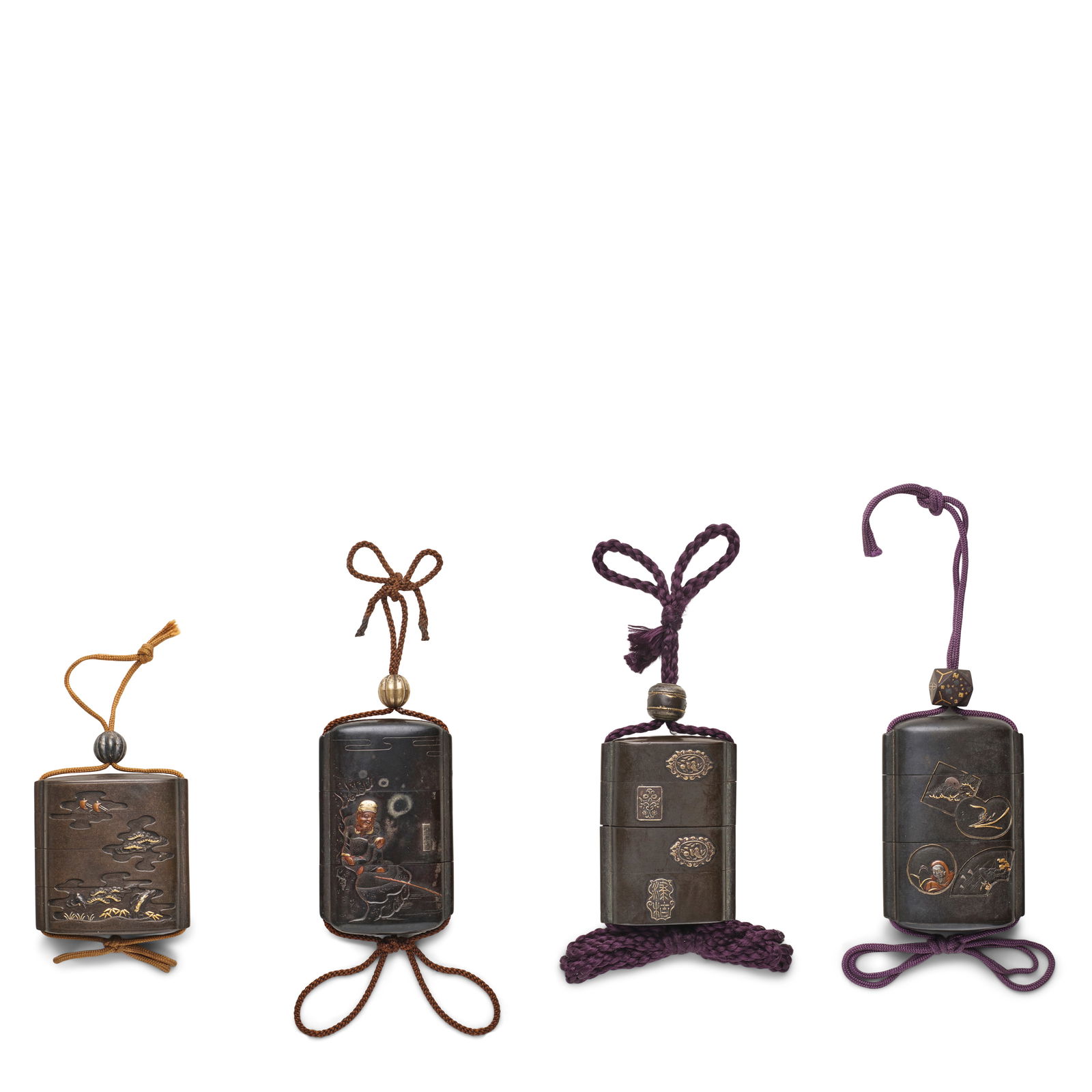 FOUR SHIBUICHI (COPPER-SILVER ALLOY) INRŌ (MEDICINE CONTAINERS) Edo period (1615-1868) and ...: FOUR SHIBUICHI (COPPER-SILVER ALLOY) INRŌ (MEDICINE CONTAINERS) Edo period (1615-1868) and Meiji era (1868-1912), 19th century All of rounded rectangular or ovoid plan with applied himotōshi