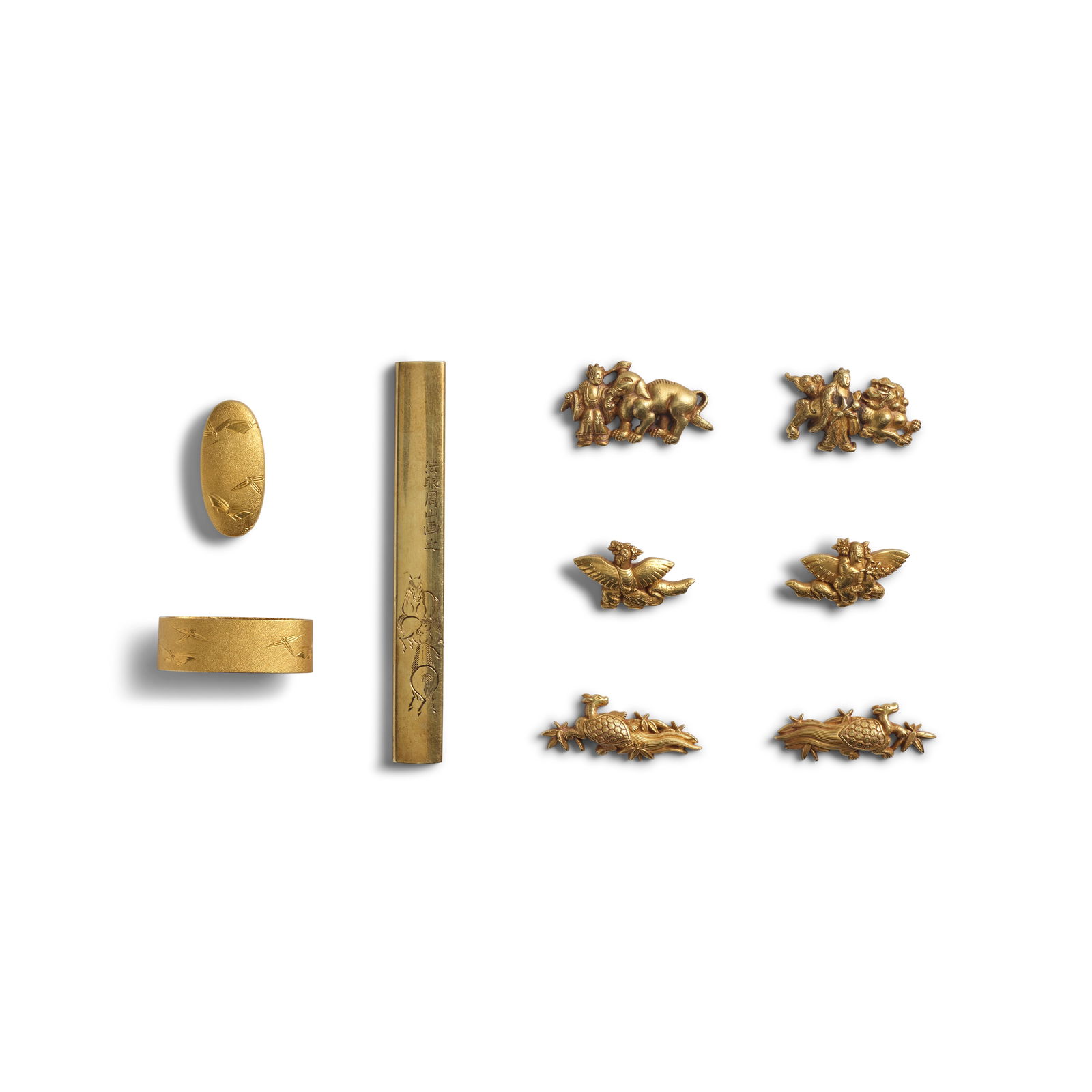 A PAIR OF GOLD FUCHI-GASHIRA (HILT COLLAR AND POMMEL), A GOLD KOZUKA (KNIFE HANDLE), AND THREE P... (1 of 1)