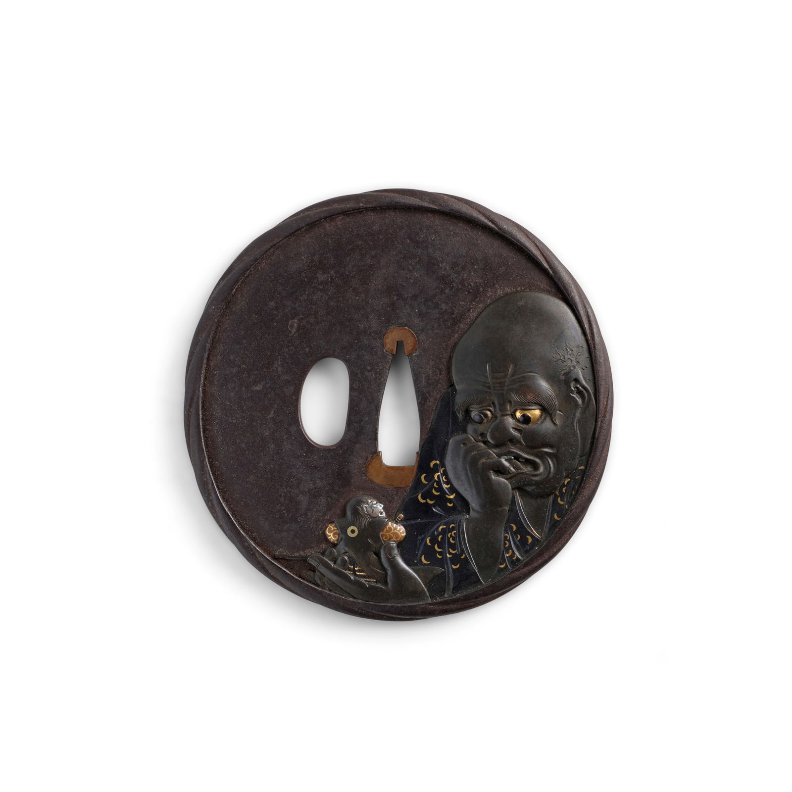 MANNER OF ISHIGURO MASAYOSHI (1775-1862) An Inlaid-Iron Tsuba (Hand Guard) Edo period (1615-1868...: MANNER OF ISHIGURO MASAYOSHI (1775-1862) An Inlaid-Iron Tsuba (Hand Guard) Edo period (1615-1868), 19th century The circular plate forged in russet iron with a heavy rope rim decorated with Wasōb