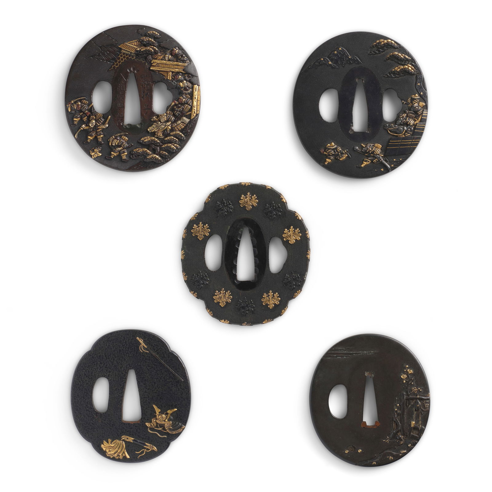 FIVE MIXED-METAL DECORATED SHAKUDŌ TSUBA (HAND GUARDS) Edo period (1615-1868), 18th/19th ce... (1 of 1)