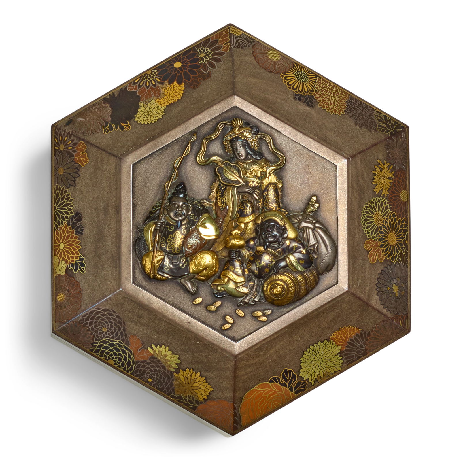 UNNO RYŌUNSAI MORITOSHI (1834-1896) A Mixed-Metal Box and Cover Meiji era (1868-1912), late...: UNNO RYŌUNSAI MORITOSHI (1834-1896) A Mixed-Metal Box and Cover Meiji era (1868-1912), late 19th century The hexagonal box supported on four legs, the top plate of the lid decorated in gold, silv