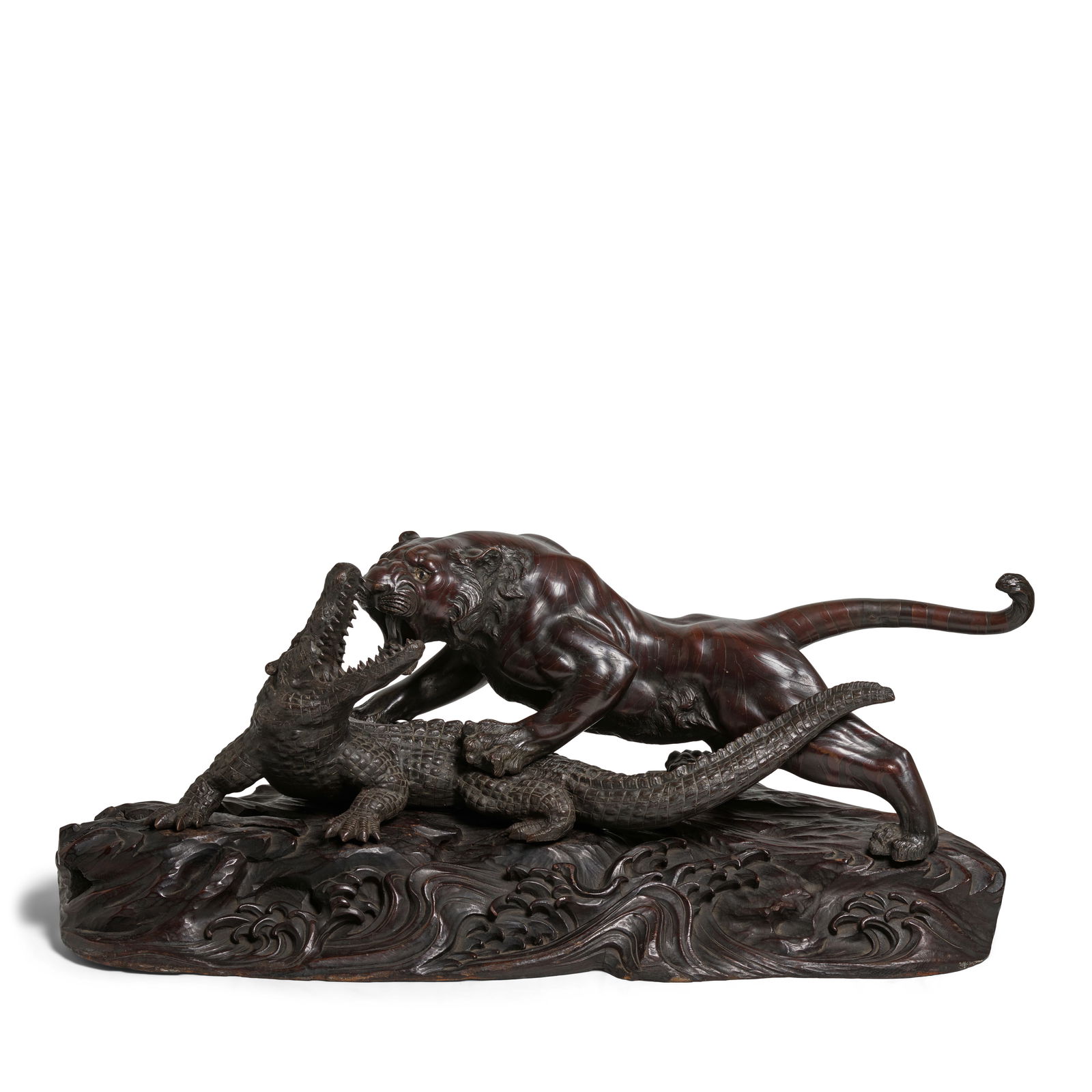 GENRYŪSAI SEIYA (ACTIVE 1880s-1890s) A Set of Bronze Models of a Tiger and a Crocodile Meij...: GENRYŪSAI SEIYA (ACTIVE 1880s-1890s) A Set of Bronze Models of a Tiger and a Crocodile Meiji era (1868-1912), circa 1880-1890 Naturalistically modeled as a tiger in a struggle with a crocodile, t