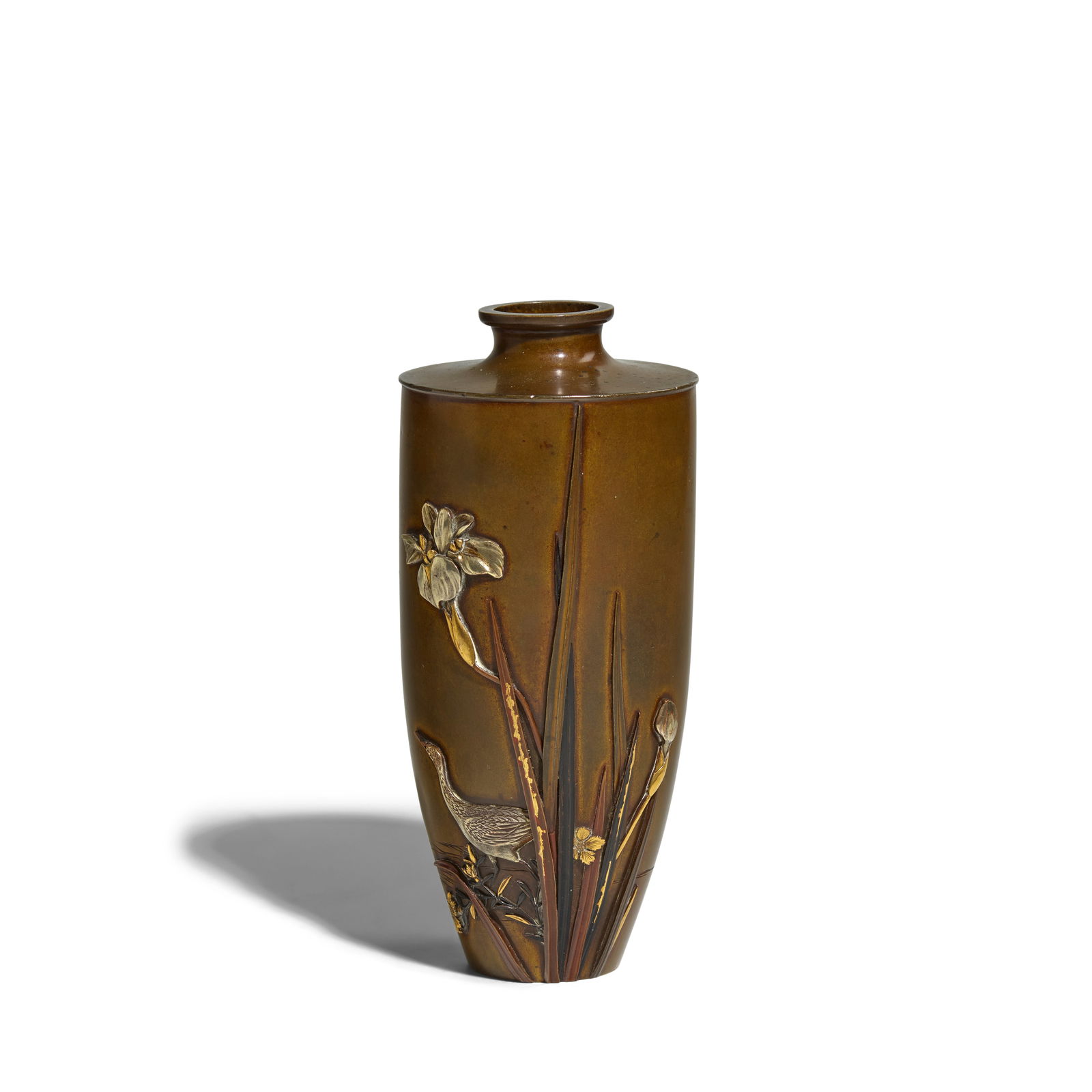 MIYABE ATSUYOSHI (ACTIVE LATE 19TH/EARLY 20TH CENTURY) A Bronze Vase with Egrets and Irises Meij...: MIYABE ATSUYOSHI (ACTIVE LATE 19TH/EARLY 20TH CENTURY) A Bronze Vase with Egrets and Irises Meiji era (1868-1912), late 19th/early 20th century Cast with a high flat shoulder, decorated with takaz!