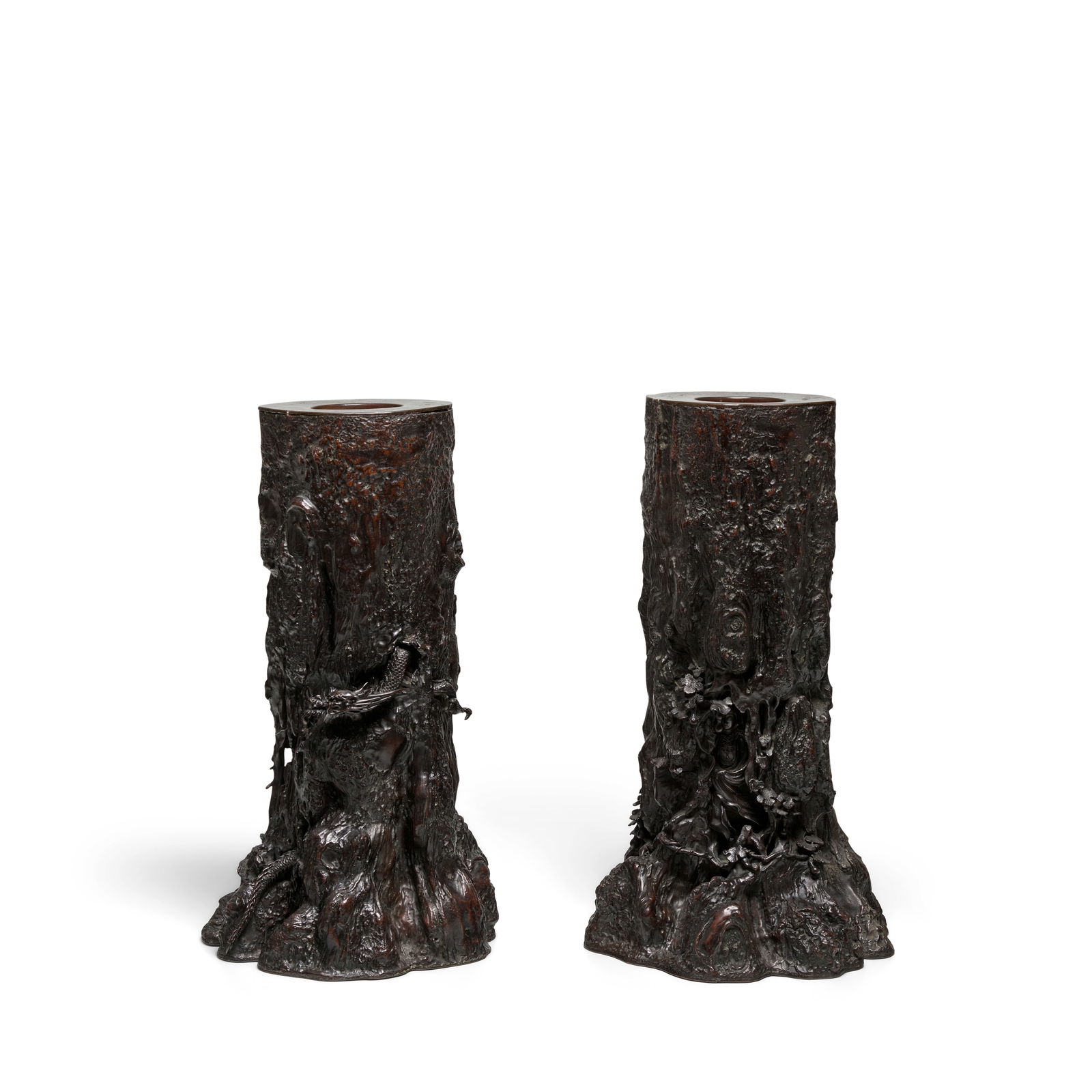 MASAYOSHI (ACTIVE LATE 19TH CENTURY) A Pair of Bronze Kannon in a Tree Hollow Form Vases Meiji e...: MASAYOSHI (ACTIVE LATE 19TH CENTURY) A Pair of Bronze Kannon in a Tree Hollow Form Vases Meiji era (1868-1912), circa late 19th century Both formed naturalistically as tree stumps entwined with gourd-