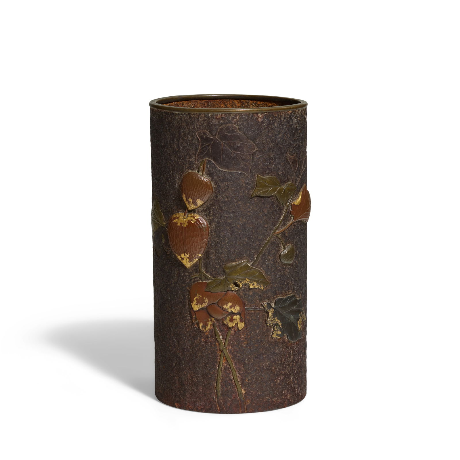 AN IRON BRUSH POT WITH DESIGN OF HŌZUKI (LANTERN PLANT) Meiji era (1868-1912), early 20th c... (1 of 1)