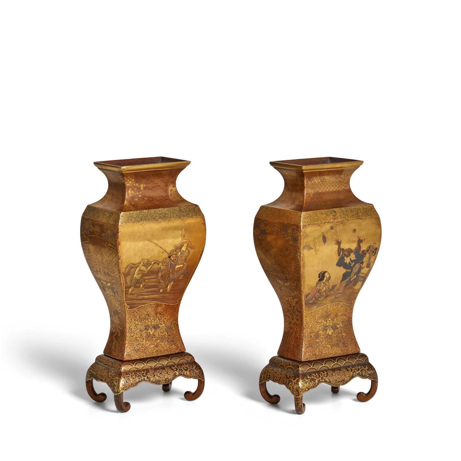 A PAIR OF GOLD-LACQUER BALUSTER VASES WITH FITTED STANDS Meiji era (1868-1912), late 19th centur...: A PAIR OF GOLD-LACQUER BALUSTER VASES WITH FITTED STANDS Meiji era (1868-1912), late 19th century Of rectangular baluster form, decorated in gold, aokin, silver, and colored hiramaki-e and takamaki-e