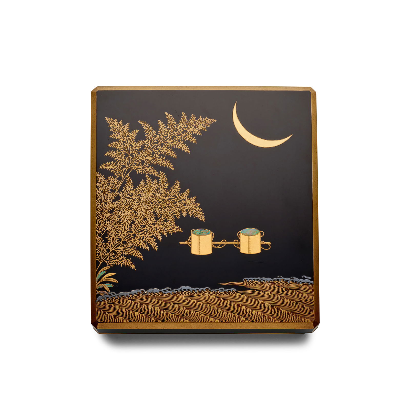 A BLACK-LACQUER BOX FOR WRITING UTENSILS Meiji (1868-1912) or Taisho (1912-1926) era, late 19th/...: A BLACK-LACQUER BOX FOR WRITING UTENSILS Meiji (1868-1912) or Taisho (1912-1926) era, late 19th/early 20th century The rectangular suzuribako with kabusebuta (overhanging) lid, sumikiri (angled corner