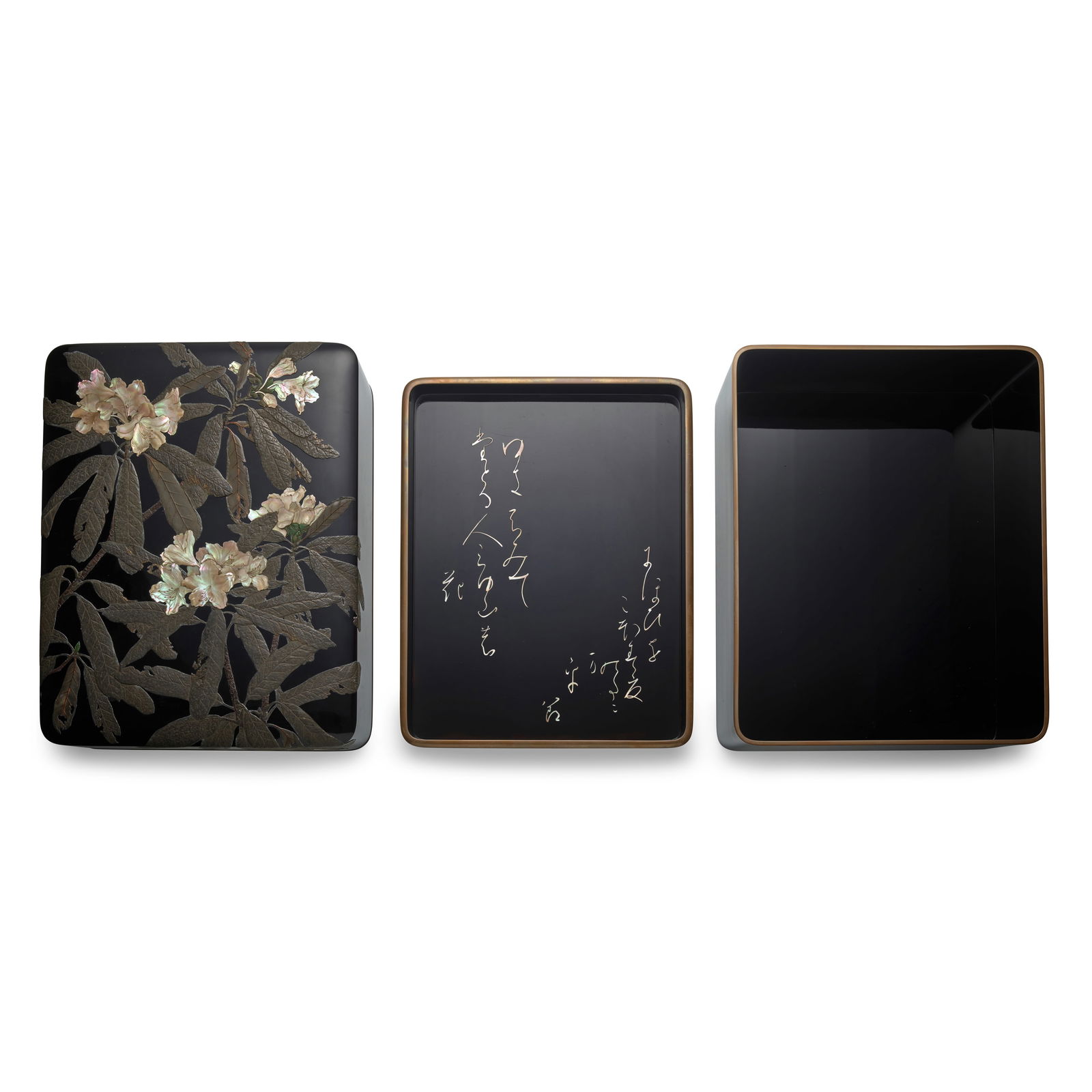 NAKAMURA MOTO-O A Black-Lacquer Set of Box for Writing Paper and Box for Writing Utensils Showa...: NAKAMURA MOTO-O A Black-Lacquer Set of Box for Writing Paper and Box for Writing Utensils Showa era (1926-1989), 1930s Both ryōshibako and suzuribako rectangular with curved corners, slightly dom