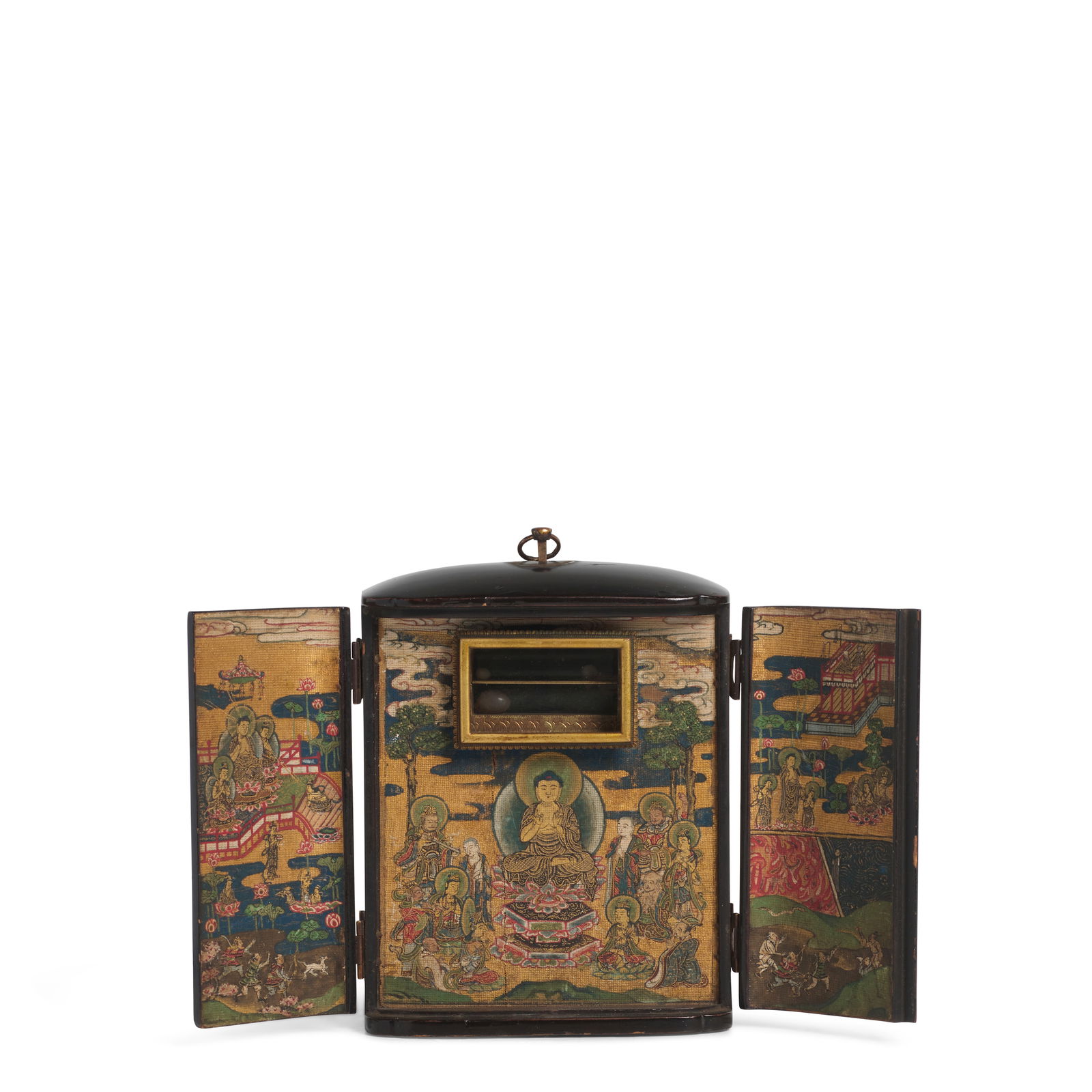 A BLACK-LACQUER DOUBLE-SIDED ZUSHI (PORTABLE SHRINE) Edo period (1615-1868), 18th/19th century: A BLACK-LACQUER DOUBLE-SIDED ZUSHI (PORTABLE SHRINE) Edo period (1615-1868), 18th/19th century Of flattened oval section constructed with double doors on each side opening to reveal votive scenes pain