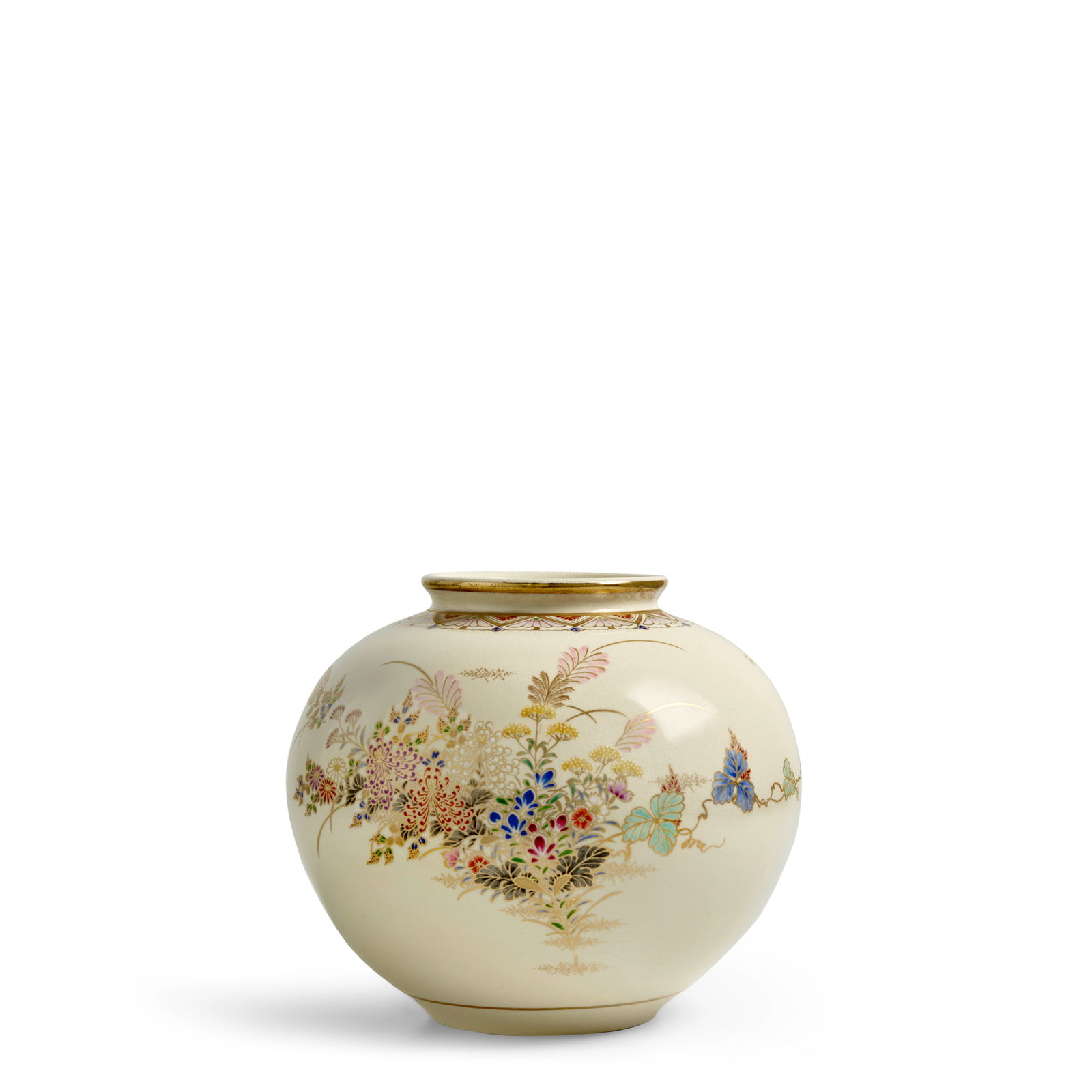 CHIN JUKAN XIV (1926-2019) A Satsuma Globular Vase with Motif of Autumn Flowers and Grasses Show... (1 of 1)