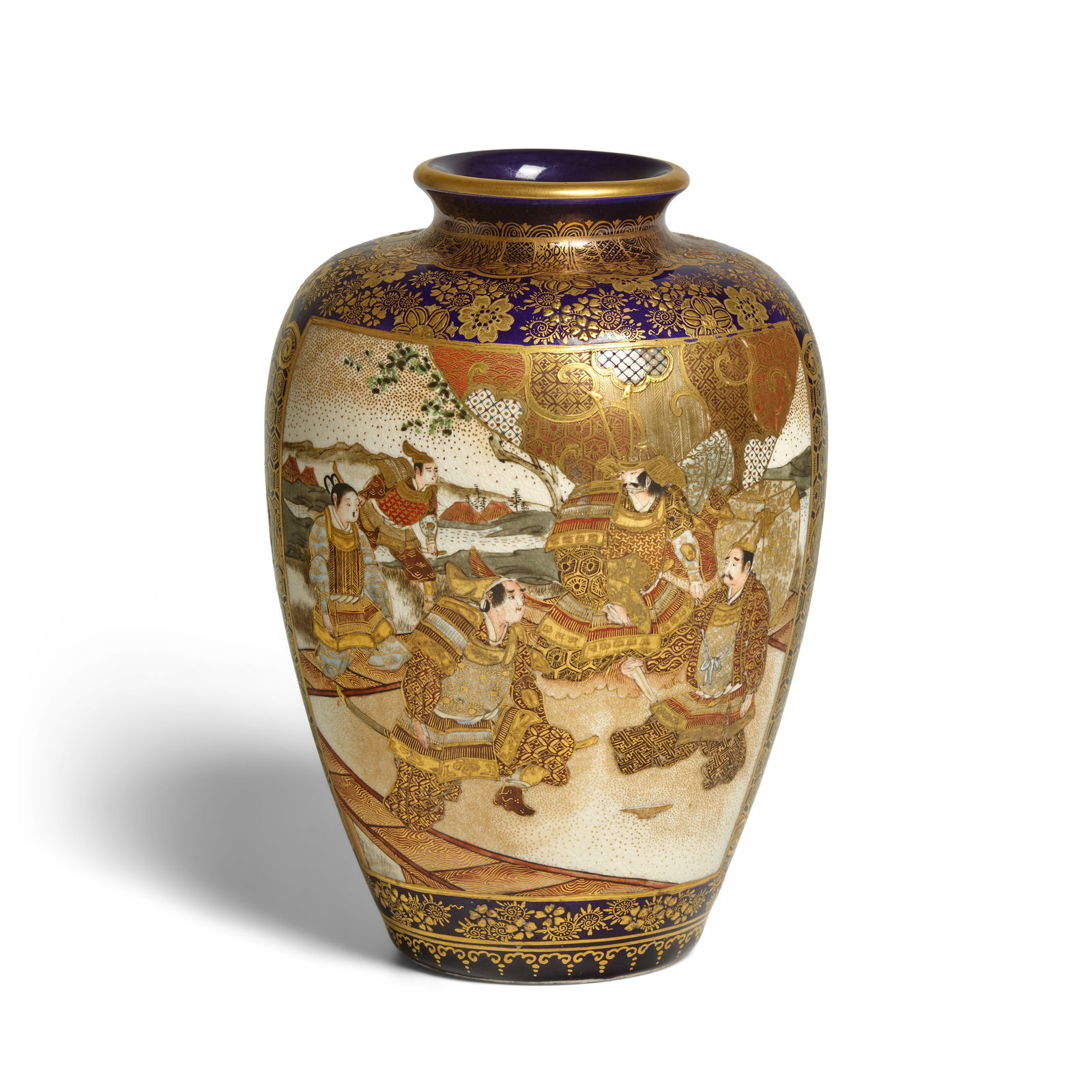 A COBALT SATSUMA VASE Meiji era (1868-1912), late 19th century: A COBALT SATSUMA VASE Meiji era (1868-1912), late 19th century Decorated in polychrome enamels and gilt, two large panels one with a scene of samurai in an audience, the other perhaps a domestic scene