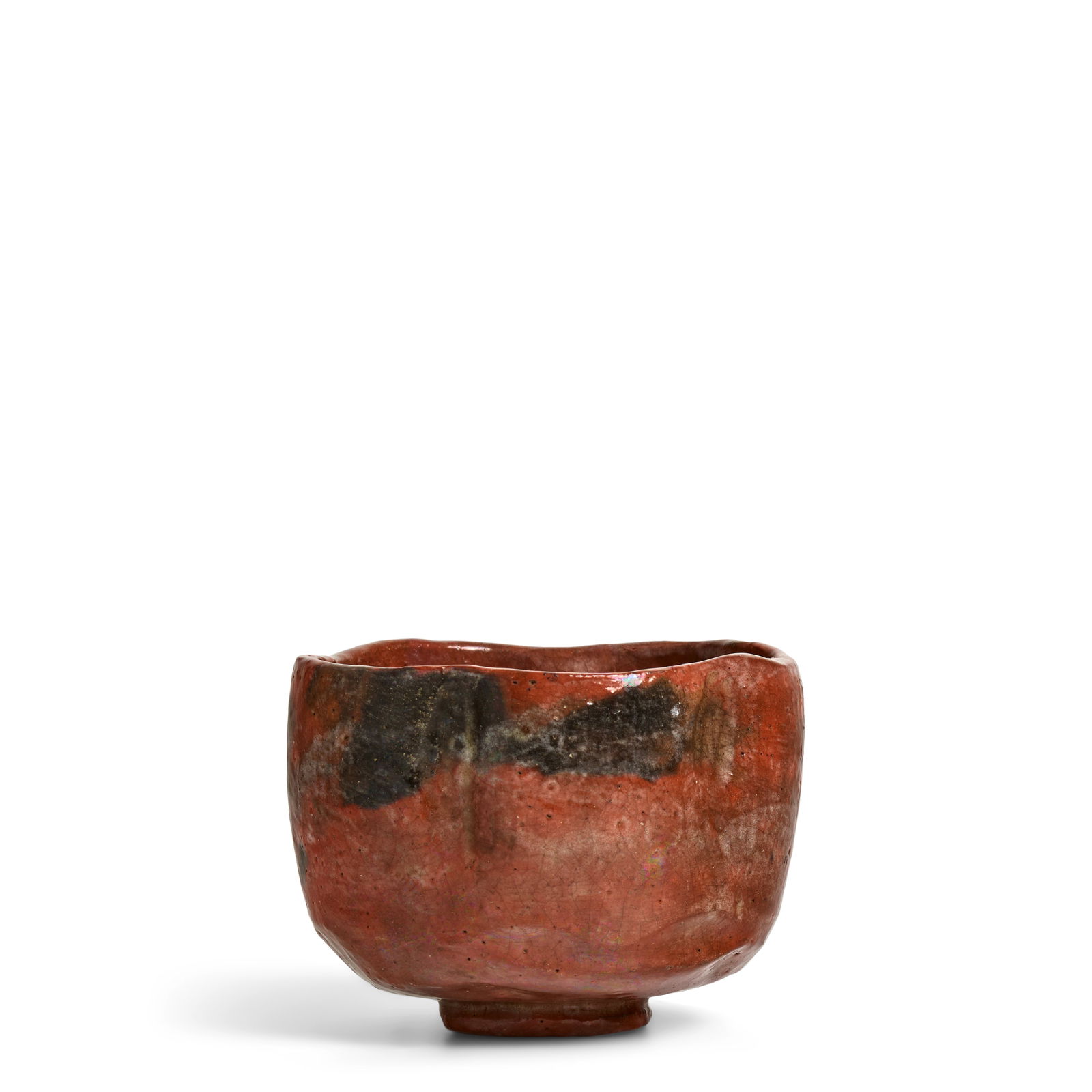 RAKU SA'NYŪ (KICHIZAEMON VI, 1685-1739) A Red Raku Ware Tea Bowl named Fuku Onna (Blessed L...: RAKU SA'NYŪ (KICHIZAEMON VI, 1685-1739) A Red Raku Ware Tea Bowl named Fuku Onna (Blessed Lady) Edo period (1615-1868), 18th century Chawan completely covered in red, black, and clear crackle gla