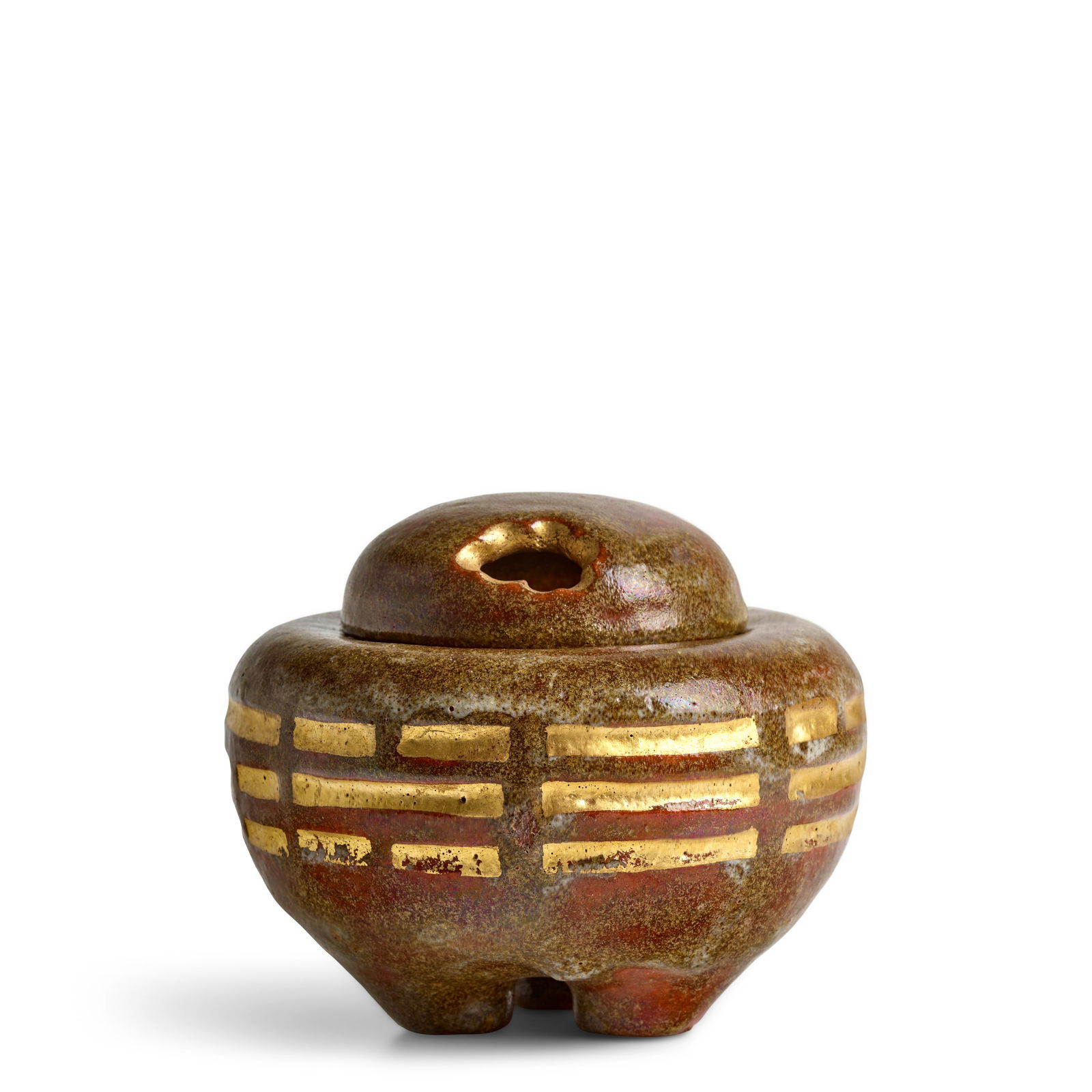 RAKU KŌNYŪ (KICHIZAEMON XII, 1857-1932) An Amber Glaze Raku Ware Incense Burner with T...: RAKU KŌNYŪ (KICHIZAEMON XII, 1857-1932) An Amber Glaze Raku Ware Incense Burner with Trigram Design Meiji era (1868-1912), box dated 1895 A tripod round-body kōro with ame-yū (ambe
