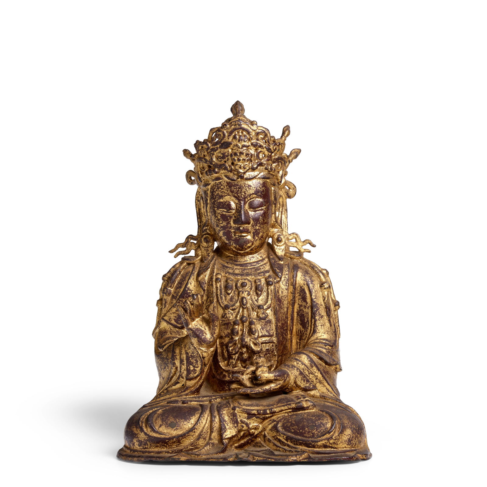 A GILT-BRONZE FIGURE OF GWANSE'EUM BOSAL (AVALOKITESHVARA) Late Goryeo (818-1392) or Early Joseo...: A GILT-BRONZE FIGURE OF GWANSE'EUM BOSAL (AVALOKITESHVARA) Late Goryeo (818-1392) or Early Joseon (1392-1897) dynasty, 14th/15th century The seated figure cast in bronze and decorated in gilt over bla