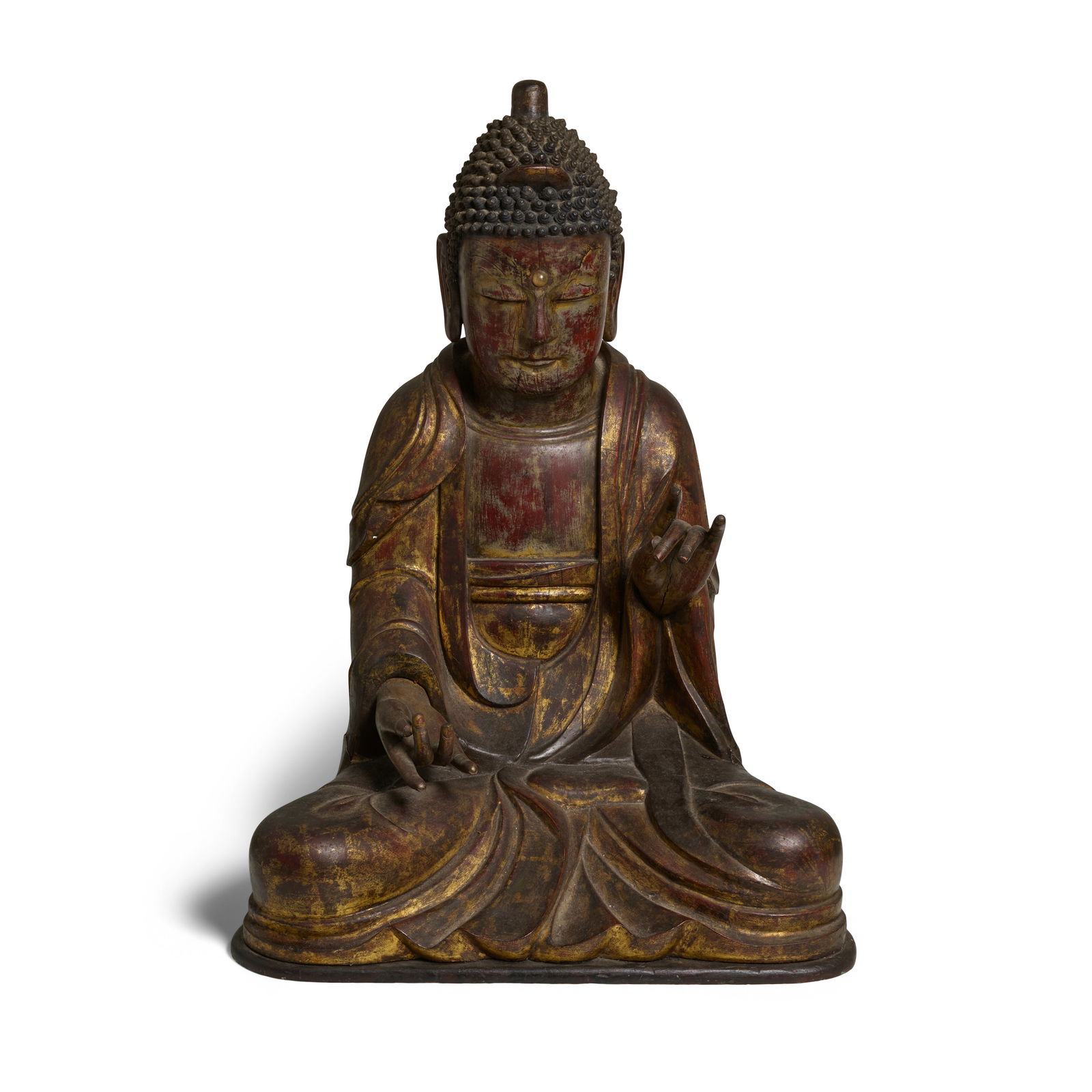 A LARGE GILT-WOOD SEATED FIGURE OF AMITA-BUL (AMITABHA) Joseon dynasty (1392-1897), 18th century...: A LARGE GILT-WOOD SEATED FIGURE OF AMITA-BUL (AMITABHA) Joseon dynasty (1392-1897), 18th century Carved and assembled in wood as a Buddha seated on a low pedestal in meditation, the figure shown dress