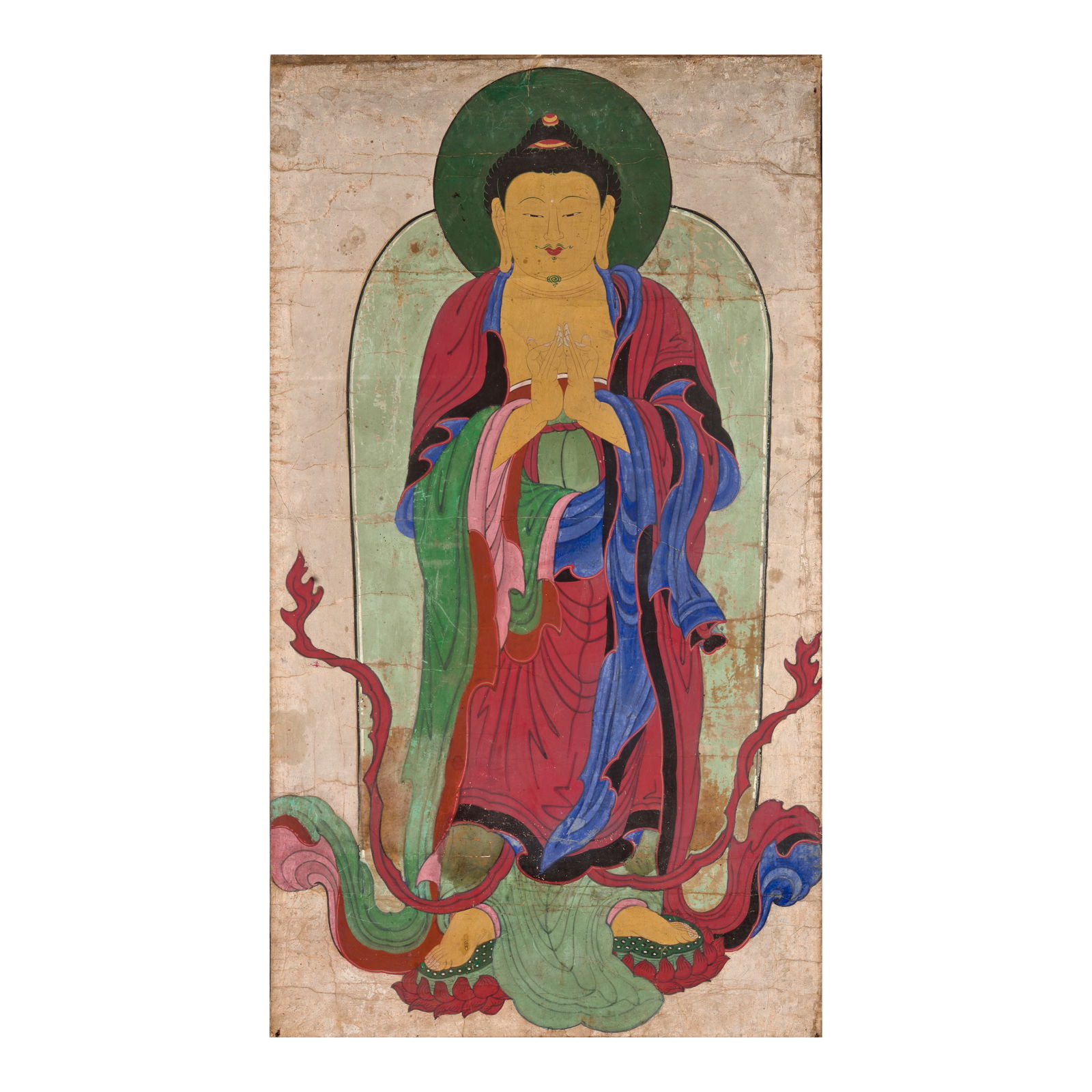 ANONYMOUS Seokgamoni-Bul (Shakyamuni Buddha) Joseon dynasty (1392-1897), 19th century: ANONYMOUS Seokgamoni-Bul (Shakyamuni Buddha) Joseon dynasty (1392-1897), 19th century Painted in ink and colors on silk depicting Shakyamuni standing dressed in monastic robes and scarves, his hands h