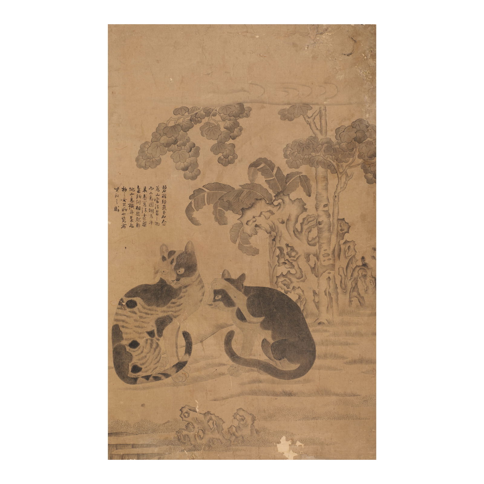 ANONYMOUS Cats Joseon dynasty (1392-1897), 19th century: ANONYMOUS Cats Joseon dynasty (1392-1897), 19th century Brushed in ink on paper depicting two cats seated and preening before a Chinese-style rock, a banana plant, and paulownia, with a lengthy poetic