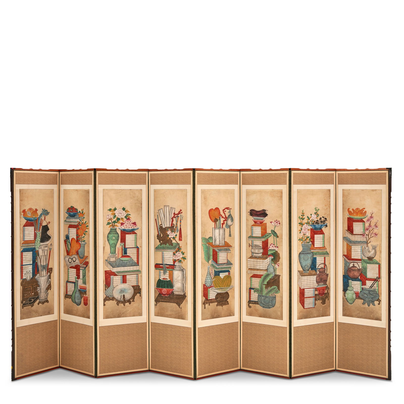ANONYMOUS A Chaekgeori ('Books and Things') Screen Joseon dynasty (1392-1897), 19th century: ANONYMOUS A Chaekgeori ('Books and Things') Screen Joseon dynasty (1392-1897), 19th century An eight-panel screen brushed in ink and colors on paper depicting an array of books, scrolls, and other ite