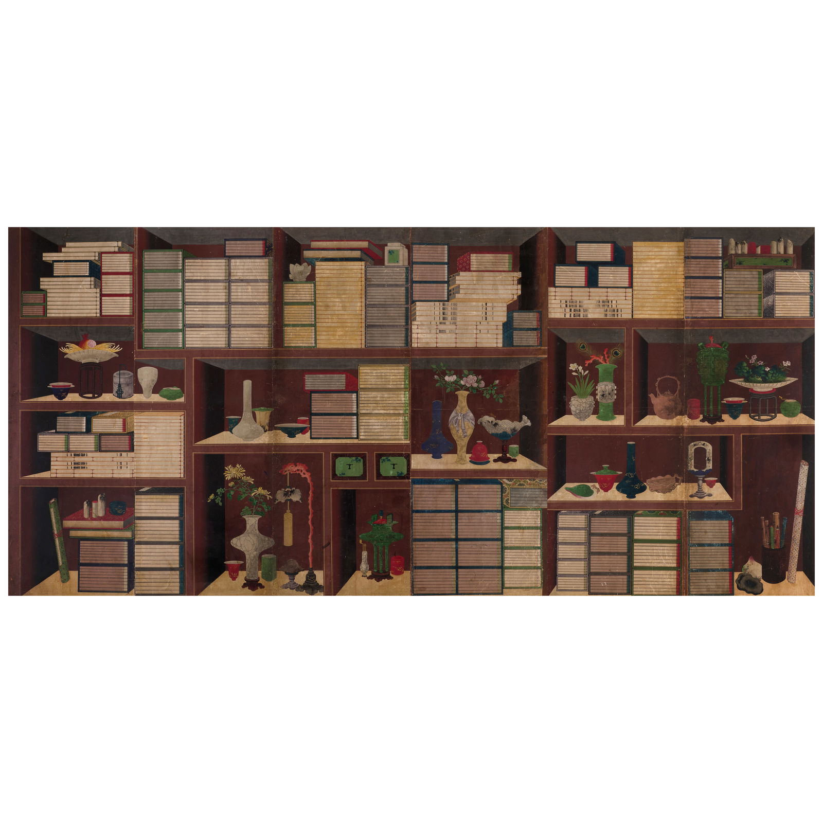 ATTRIBUTED TO YI TAEK-GYUN (1808-AFTER 1883) A Chaekgeori ('Books and Things') Screen Joseon dyn...: ATTRIBUTED TO YI TAEK-GYUN (1808-AFTER 1883) A Chaekgeori ('Books and Things') Screen Joseon dynasty (1392-1897), 19th century A six-panel screen brushed in ink and color on paper, with books, scrolls