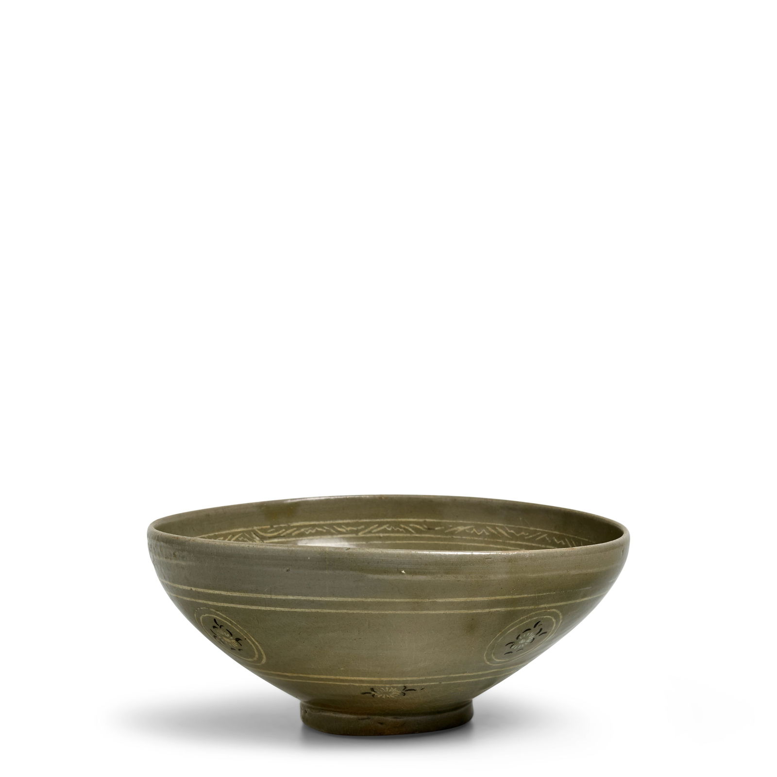 AN INLAID CELADON BOWL Goryeo dynasty (818-1392), 13th century: AN INLAID CELADON BOWL Goryeo dynasty (818-1392), 13th century The deep bowl decorated on the interior with slip-inlaid branches of pomegranates below a geometric band around the rim, the exterior wit