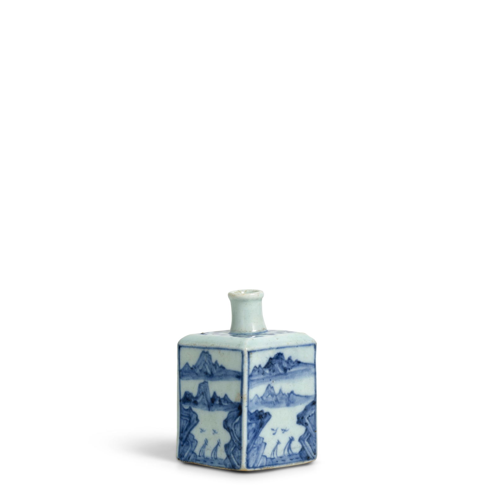 A SMALL BLUE AND WHITE PORCELAIN BOTTLE Joseon dynasty (1392-1897), 19th century: A SMALL BLUE AND WHITE PORCELAIN BOTTLE Joseon dynasty (1392-1897), 19th century Of square section with slanted shoulders and tapered neck, painted in underglaze blue on each of the four sides with a