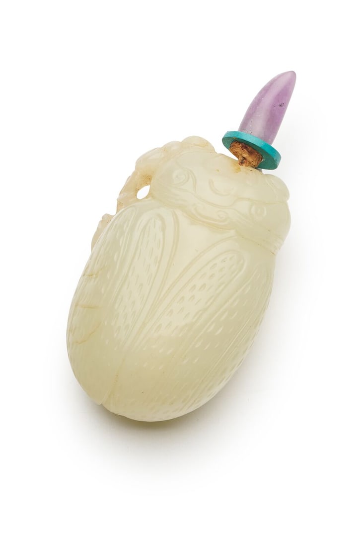 A PALE CELADON JADE 'CICADA' SNUFF BOTTLE 19th/early 20th century: A PALE CELADON JADE 'CICADA' SNUFF BOTTLE 19th/early 20th century amethyst stopper, measured without the stopper 5.5cm high,