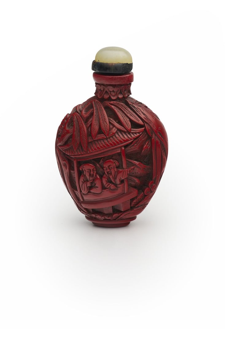 A CINNABAR LACQUER 'FIGURES AND LANDSCAPE' SNUFF BOTTLE 19th/20th century: A CINNABAR LACQUER 'FIGURES AND LANDSCAPE' SNUFF BOTTLE 19th/20th century Measured without stopper 6.6cm high Footnotes: 十九至二十世紀