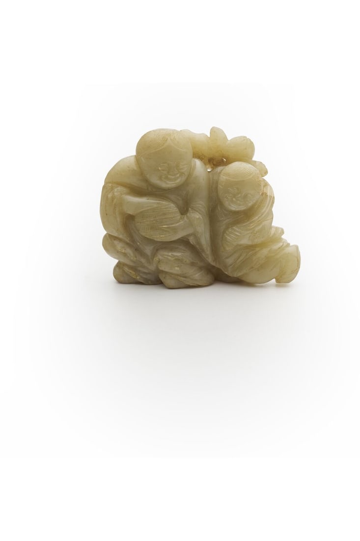 A CELADON JADE CARVING OF THE HEHE TWINS 17th/18th century (1 of 7)