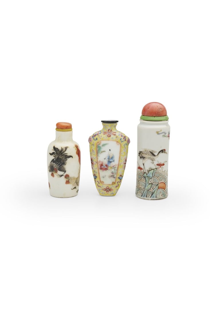 THREE FAMILLE ROSE SNUFF BOTTLES Qianlong and Guangxu marks, 19th century (3) (1 of 20)