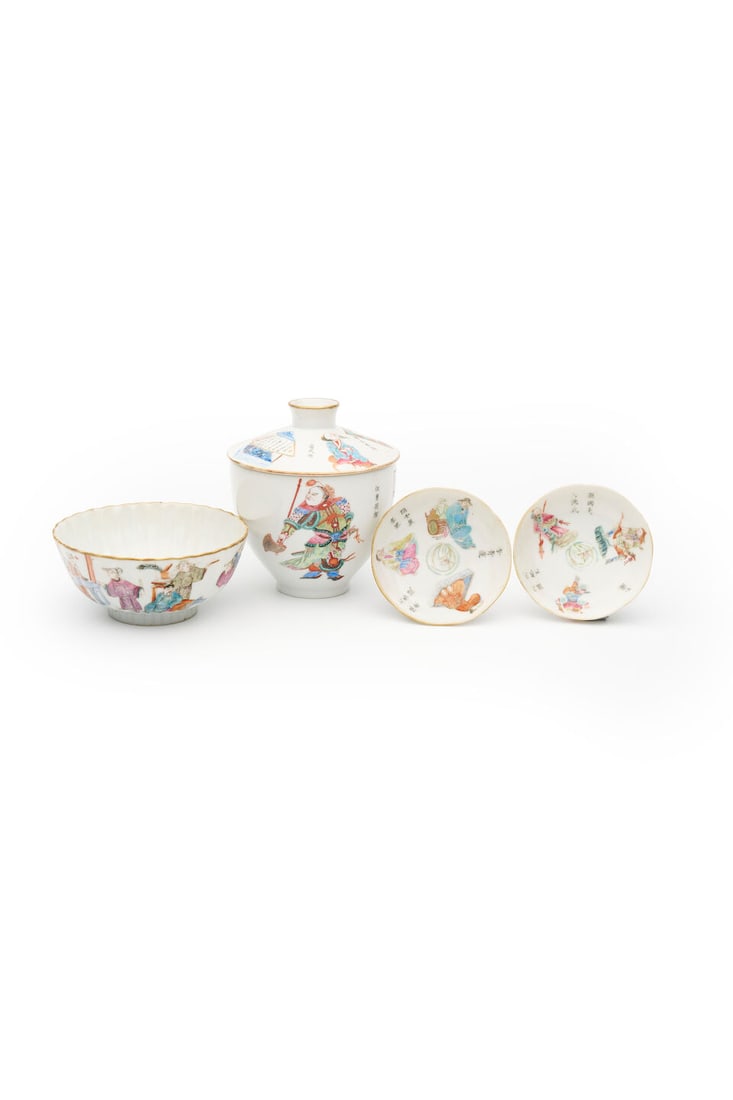 A GROUP OF FAMILLE ROSE 'HEROES' CUPS AND SAUCERS Daoguang and Tongzhi marks, Late Qing dynasty (5): A GROUP OF FAMILLE ROSE 'HEROES' CUPS AND SAUCERS Daoguang and Tongzhi marks, Late Qing dynasty comprising a lobed bowl, a cup with cover, and a pair of saucers, varying sizes from 8.2cm diam. To