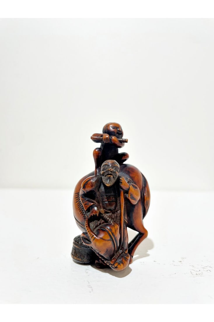 A BOXWOOD NETSUKE OF A MAN AND AN OX Signed Nagamitsu [長光], Edo period - 7