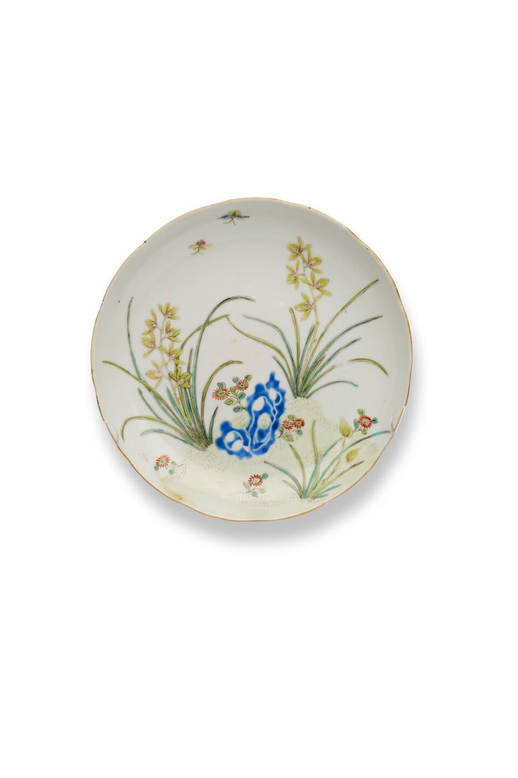 A POLYCHROME DECORATED 'ORCHID' PLATE Iron red pictorial mark, late Qing dynasty (1 of 2)