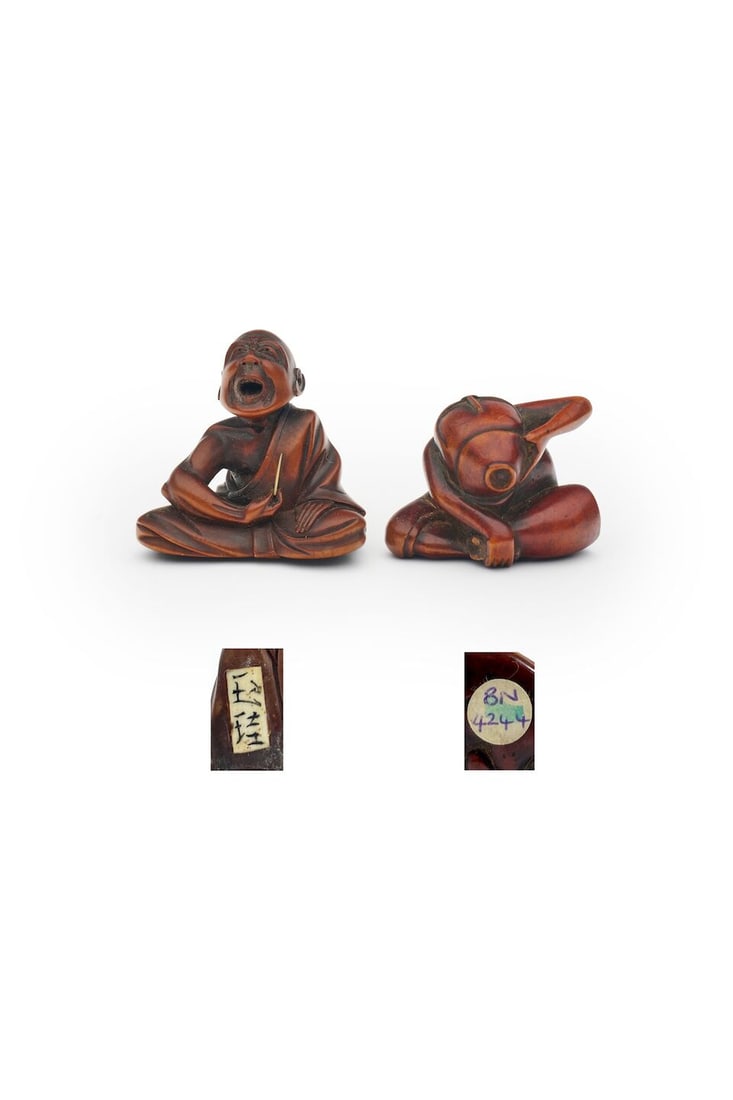 TWO BOXWOOD NETSUKE OF A PROFESSIONAL SNEEZER AND A SAKE DRINKER The 'sneezer' signed (possibly)...: TWO BOXWOOD NETSUKE OF A PROFESSIONAL SNEEZER AND A SAKE DRINKER The 'sneezer' signed (possibly) Gyokukei [玉珪], 19th century 2.4cm and 3.6cm high (2). Footnotes: Compare with a similar
