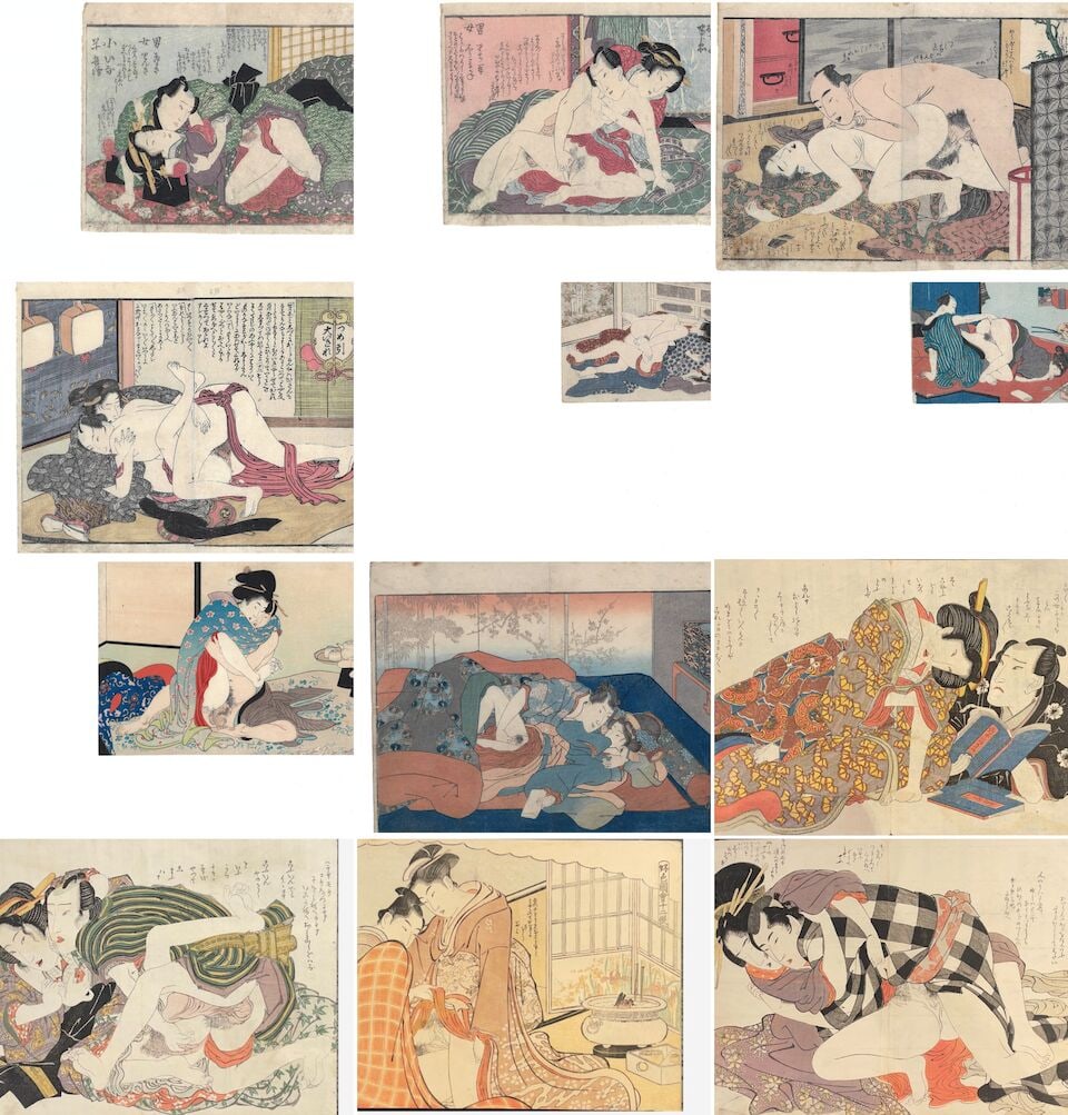 TWELVE SHUNGA YOKO-E Late Edo to Meiji period (12): TWELVE SHUNGA YOKO-E Late Edo to Meiji period including one from the series Kōshoku Zue Jūni-kō (Erotic Pictures for the Twelve Months, 好色図会十二&