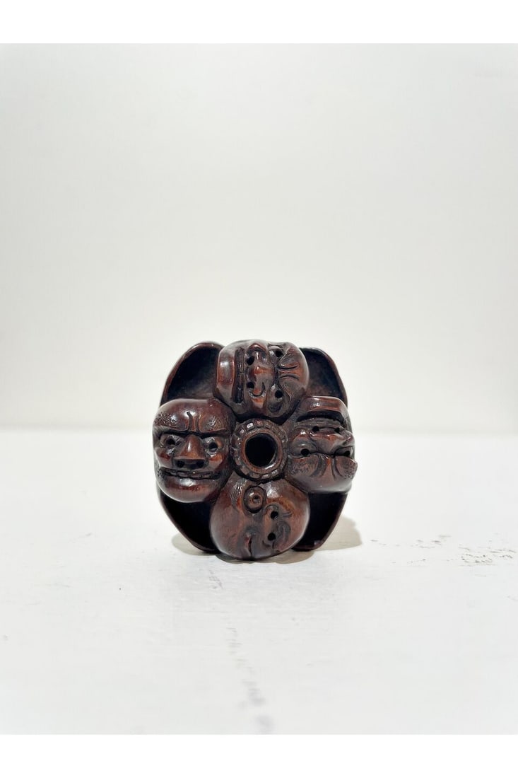 TWO WOOD NETSUKE OF NINE NOH AND KYŌGEN MASK AND TWO MASKS ON A BOX One signed (possibly) M... - 4