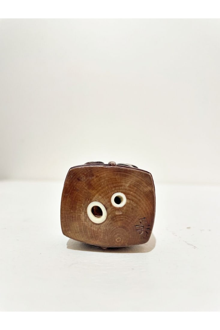 TWO WOOD NETSUKE OF NINE NOH AND KYŌGEN MASK AND TWO MASKS ON A BOX One signed (possibly) M... - 7