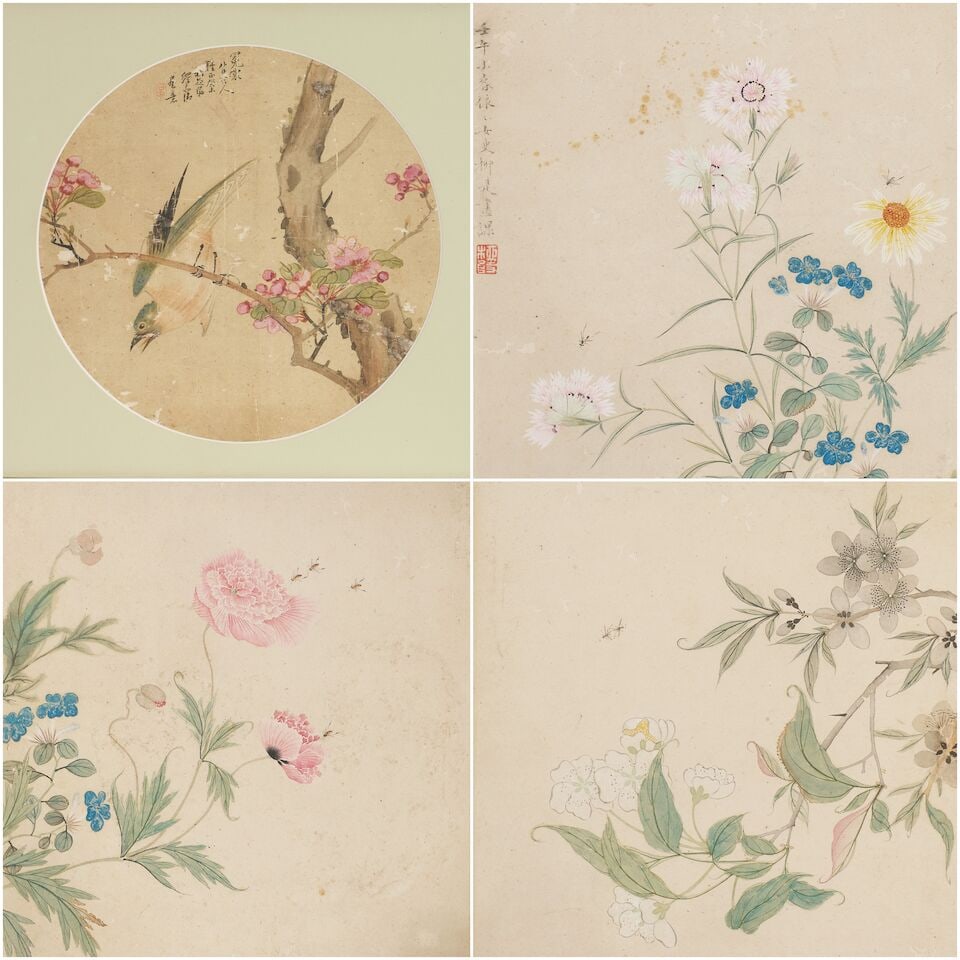 LIU RUSHI (1618-1664), ET AL. Bird and Flower (4): LIU RUSHI (1618-1664), ET AL. Bird and Flower Ink and colour on paper, four framed works Inscribed and signed Liu Rushi, Shi Quan, with two seals of the artists Dated renwu year 1642 and guiwei year