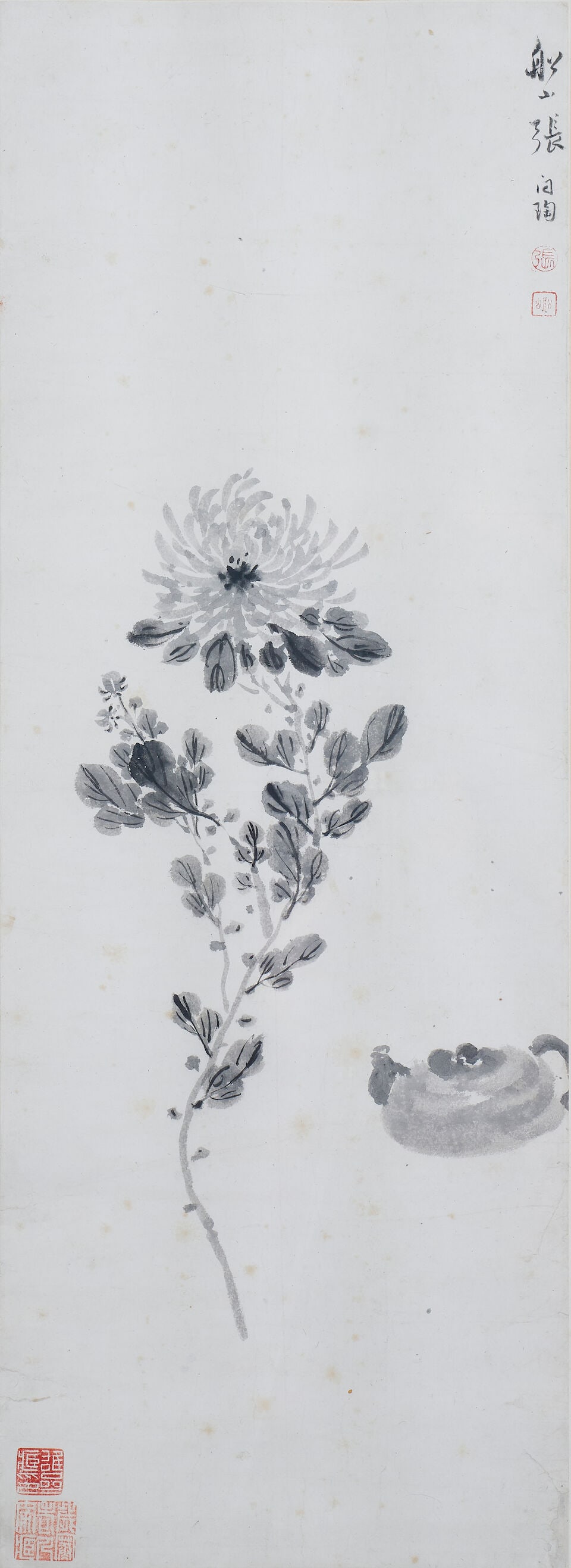 ZHANG WENTAO (1764-1814) Chrysanthemum in ink: ZHANG WENTAO (1764-1814) Chrysanthemum in ink Ink on paper, framed Signed Zhang Wentao, with two seals of the artist, and two seals of collectors 78.0 x 28.0cm Footnotes: 張問陶
