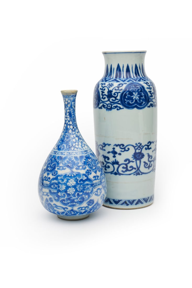 TWO BLUE AND WHITE VASES Kangxi (2): TWO BLUE AND WHITE VASES Kangxi 24.5cm high, 19.2cm high (2). Footnotes: 清康熙