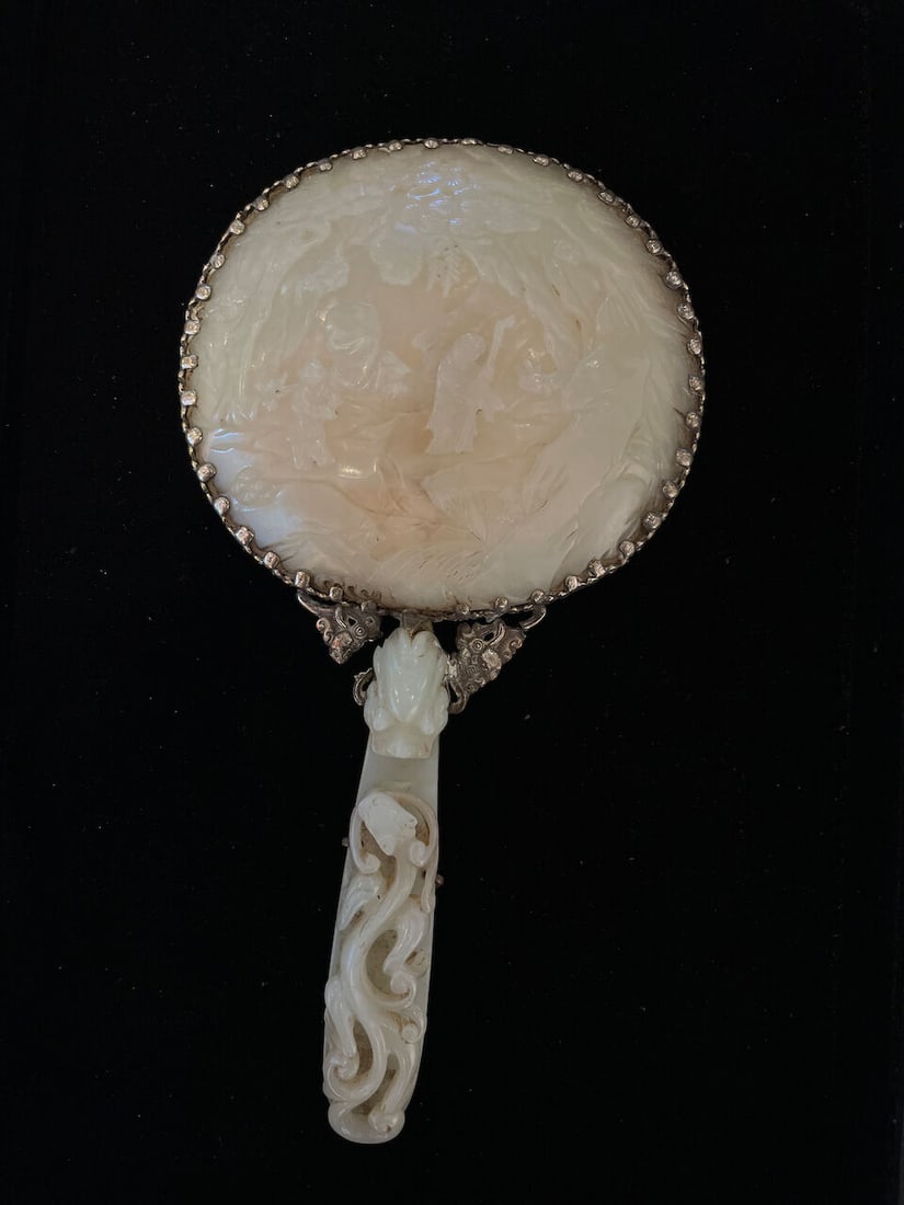 A JADE HAND MIRROR AND A MINIATURE JADEITE SCREEN The mirror of late Qing Dynasty, the screen, R... - 2