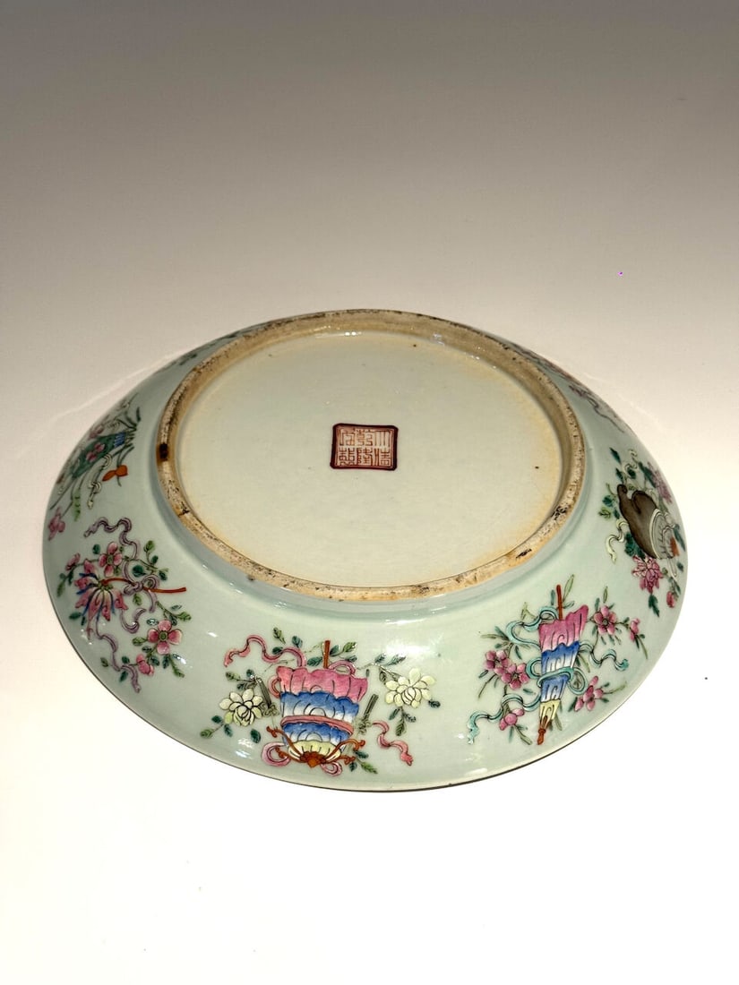 A BLUE AND WHITE AND POLYCHROME 'DRAGON' CHARGER Qianlong six-character iron red mark, late Qing... - 2