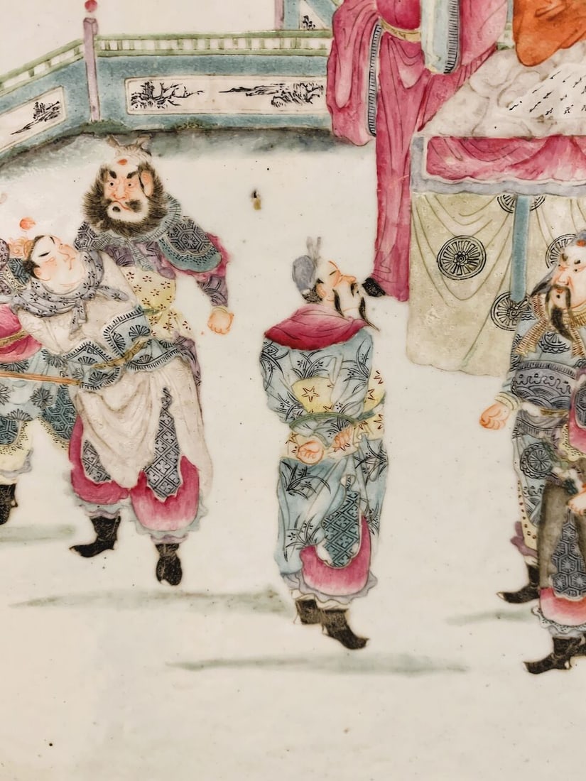 A TABLE SCREEN WITH FAMILLE ROSE ENAMELLED CERAMIC 'OPERA' PLAQUE Daoguang Period - 4