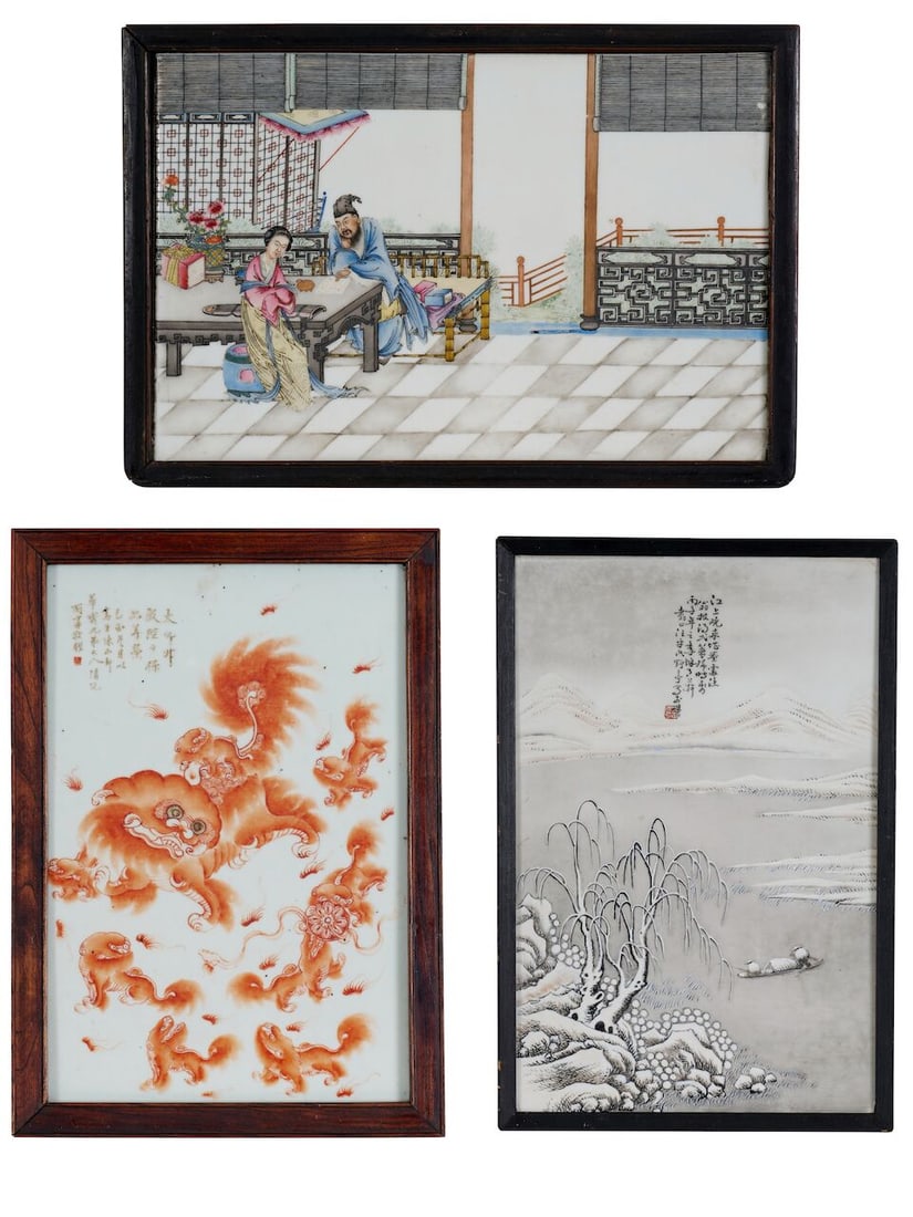 THREE PAINTED CERAMIC PLAQUES One bearing signature of Wang Yeting (1884-1942) and dated bingzi ...: THREE PAINTED CERAMIC PLAQUES One bearing signature of Wang Yeting (1884-1942) and dated bingzi year 1936, another dated yiyou year, 1885 comprising a grisaille 'snow landscape', an iron red 'lion