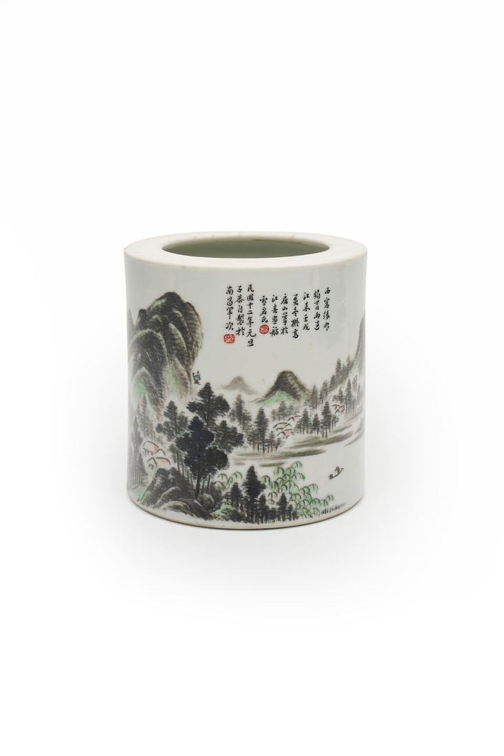 A PAINTED CERAMIC 'LANDSCAPE' BRUSH POT Signed Xueyan Shi and Zigong, dated by inscription, 1923: A PAINTED CERAMIC 'LANDSCAPE' BRUSH POT Signed Xueyan Shi and Zigong, dated by inscription, 1923 13.5cm high and 9cm diam. Footnotes: 陳雪岩 一九二三年&