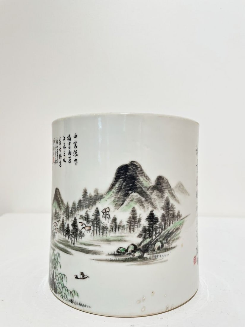 A PAINTED CERAMIC 'LANDSCAPE' BRUSH POT Signed Xueyan Shi and Zigong, dated by inscription, 1923 - 6
