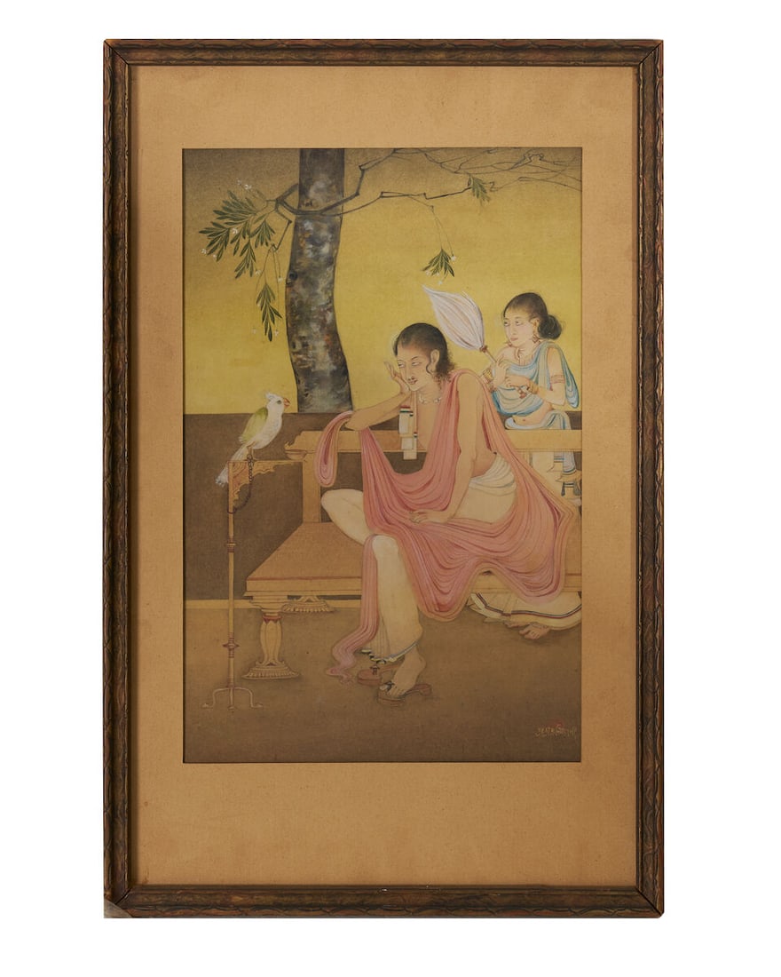 ARTIST UNKNOWN (20TH CENTURY) Bengal School: ARTIST UNKNOWN (20TH CENTURY) Bengal School Gold and water colour on paper, framed Signed and with a seal Back of the frame inscribed: 'Title of the picture - 'At leisure Period' Probhat Neodi. artist