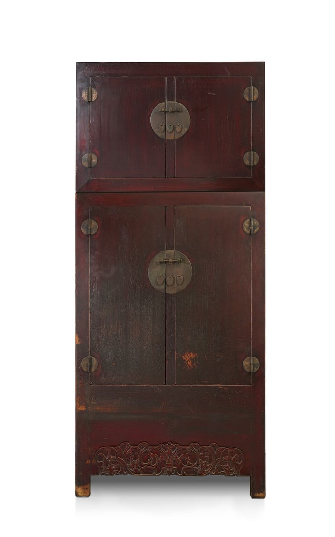 A LACQUERED WOODEN TWO-SECTION COMPOUND CUPBOARD Late Qing to Republic period (2): A LACQUERED WOODEN TWO-SECTION COMPOUND CUPBOARD Late Qing to Republic period the lower cupboard suspending a pair of drawers over a recessed storage compartment, the lower cupboard 178.0cm H x