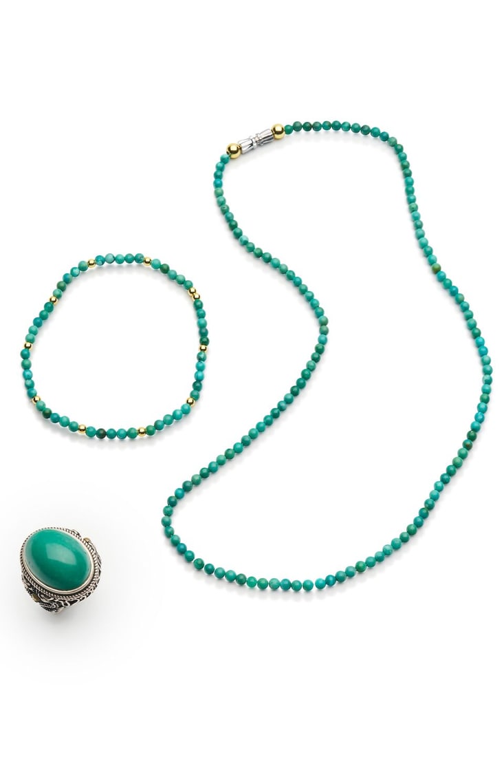 TWO TURQUOISE BEADED BRACELETS AND A RING 19th/20th century (3): TWO TURQUOISE BEADED BRACELETS AND A RING 19th/20th century stone of the ring 2.2cm long, the bead each 0.3cm diam., the bracelets fully suspended 22.0 and 8.0cm long (3). For further information on t