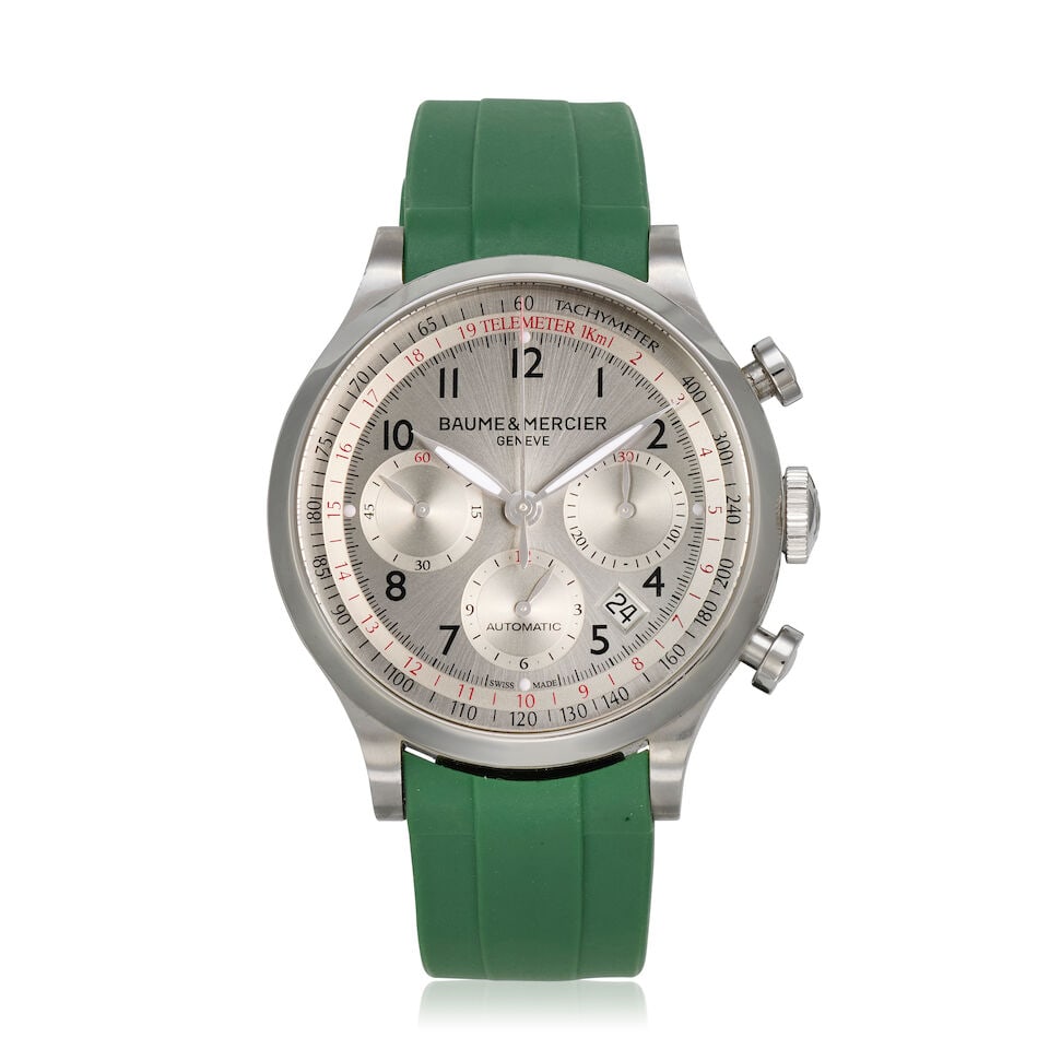 Baume & Mercier. A stainless steel automatic chronograph calendar wristwatch Capeland, Ref: 656: Baume & Mercier. A stainless steel automatic chronograph calendar wristwatch Model: Capeland Reference: 65687 Date: Purchased 5th November 2013 Movement: 27-jewel Cal.BM137753 automatic Dial: Silv