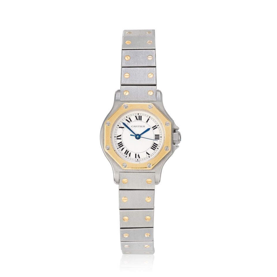 Cartier. A lady's stainless steel and gold automatic bracelet watch Santos, Circa 1990 (1 of 3)